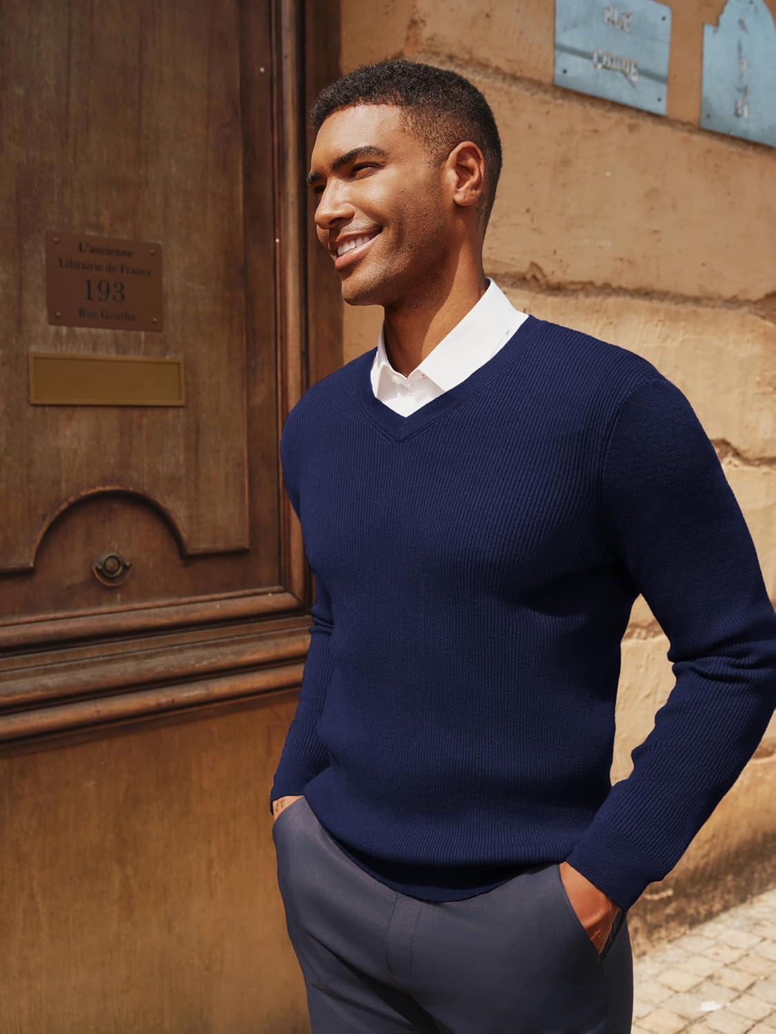 imagePJ PAUL JONES Mens V Neck Sweater Casual Textured Pullover Sweaters Lightweight Ribbed Knit PulloverNavy Blue