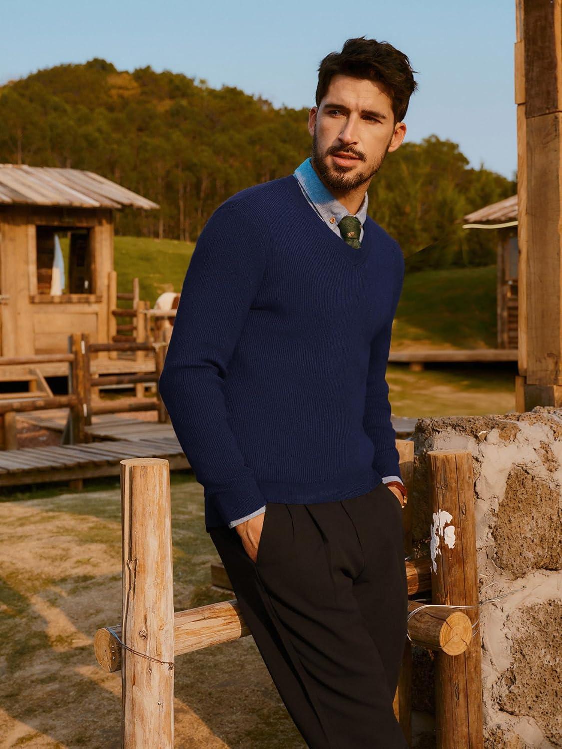 imagePJ PAUL JONES Mens V Neck Sweater Casual Textured Pullover Sweaters Lightweight Ribbed Knit PulloverNavy Blue