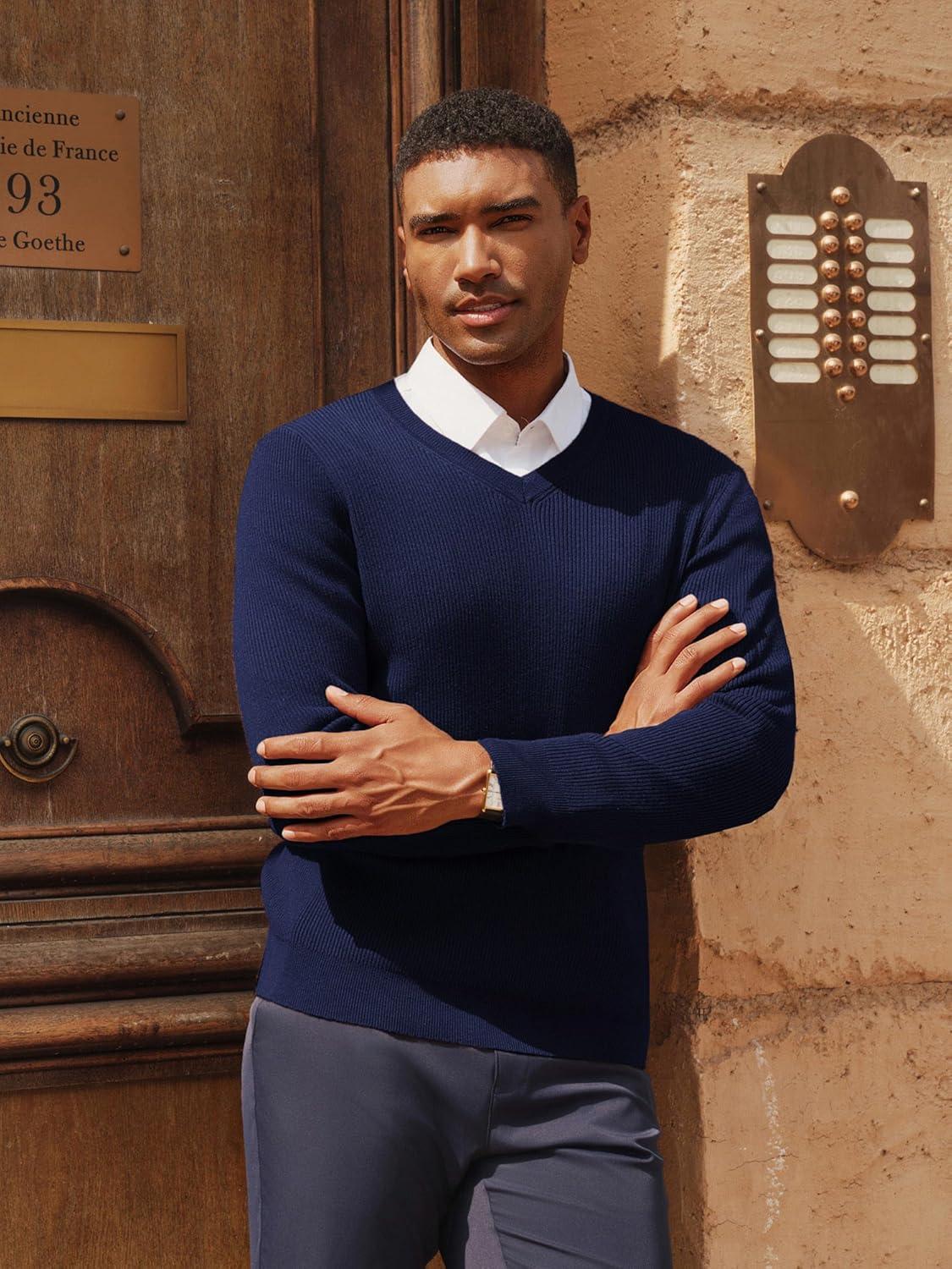 imagePJ PAUL JONES Mens V Neck Sweater Casual Textured Pullover Sweaters Lightweight Ribbed Knit PulloverNavy Blue