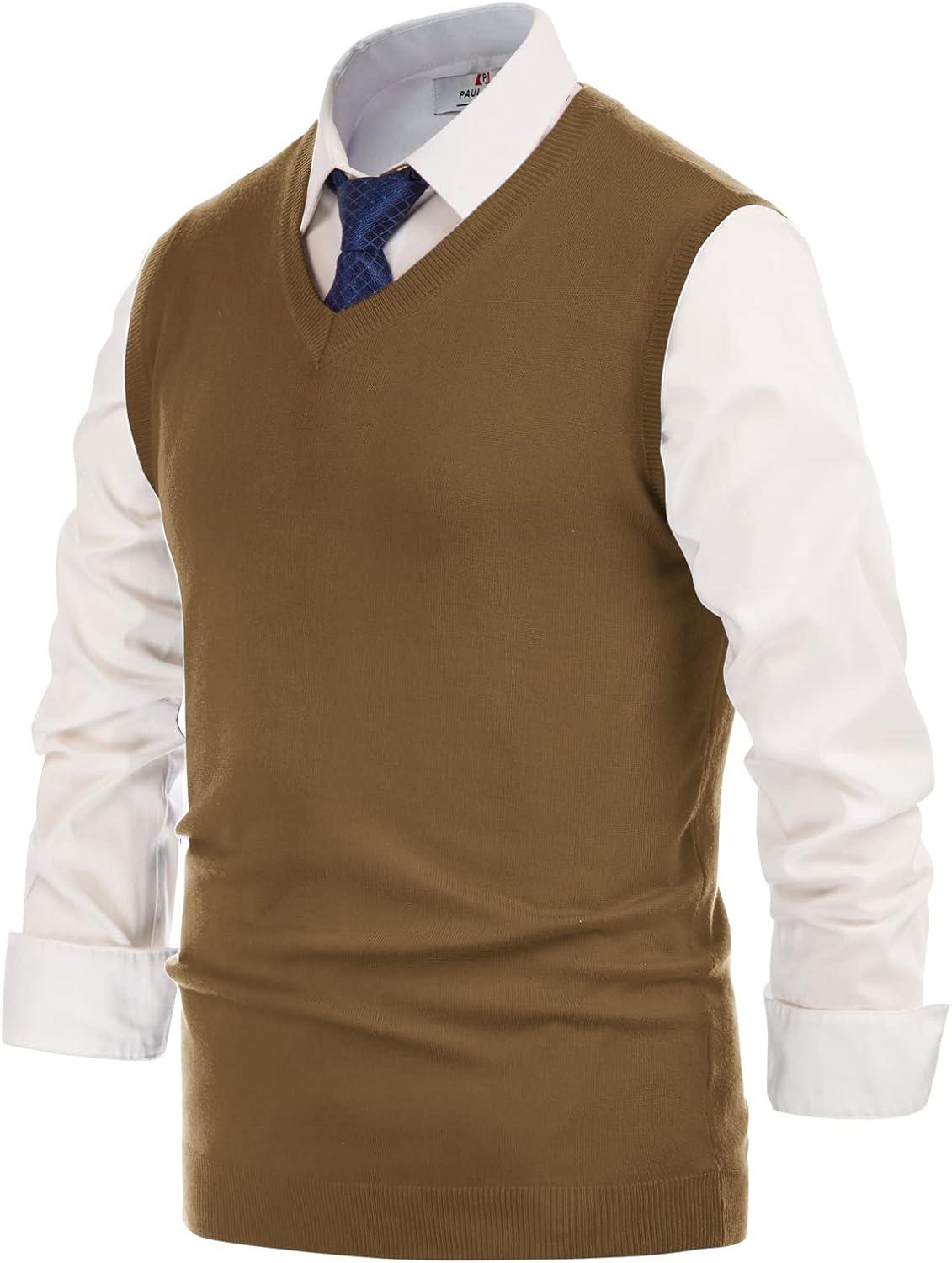 imagePJ PAUL JONES Mens VNeck Knitted Sweater Vest Solid Plain Sleeveless Pullover KnitwearBrown