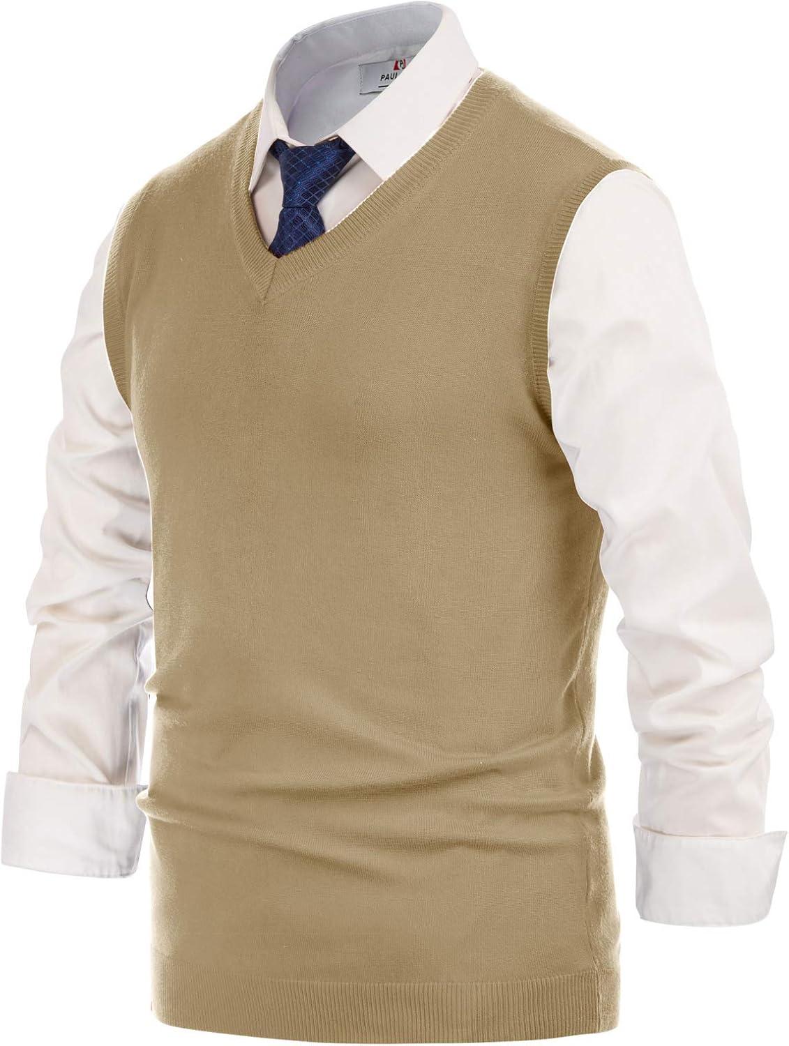 imagePJ PAUL JONES Mens VNeck Knitted Sweater Vest Solid Plain Sleeveless Pullover KnitwearCamel
