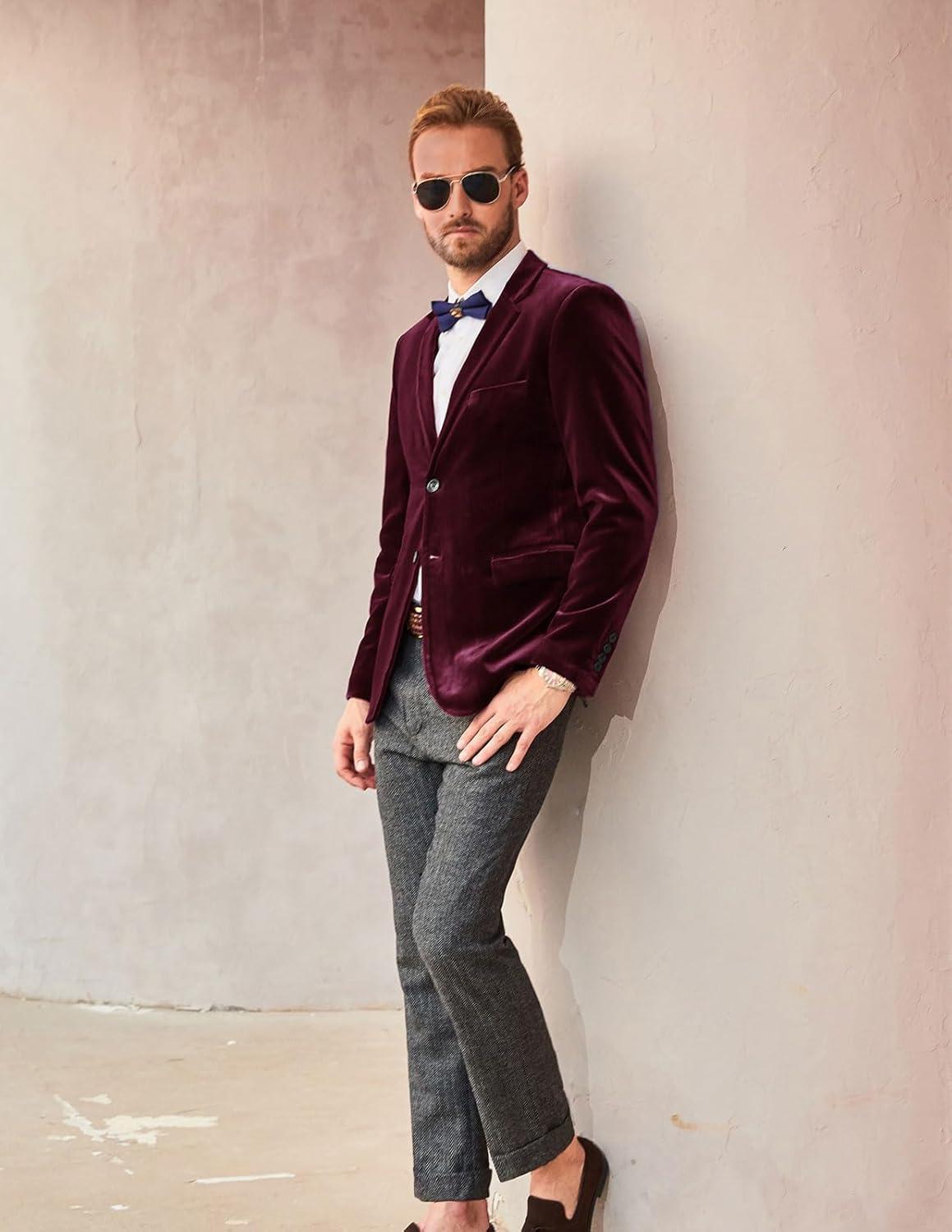 imagePJ PAUL JONES Mens Velvet Blazer Jacket Two Button Sport Coat Solid Suit Jackets for Dinner Prom WeddingBlack Red