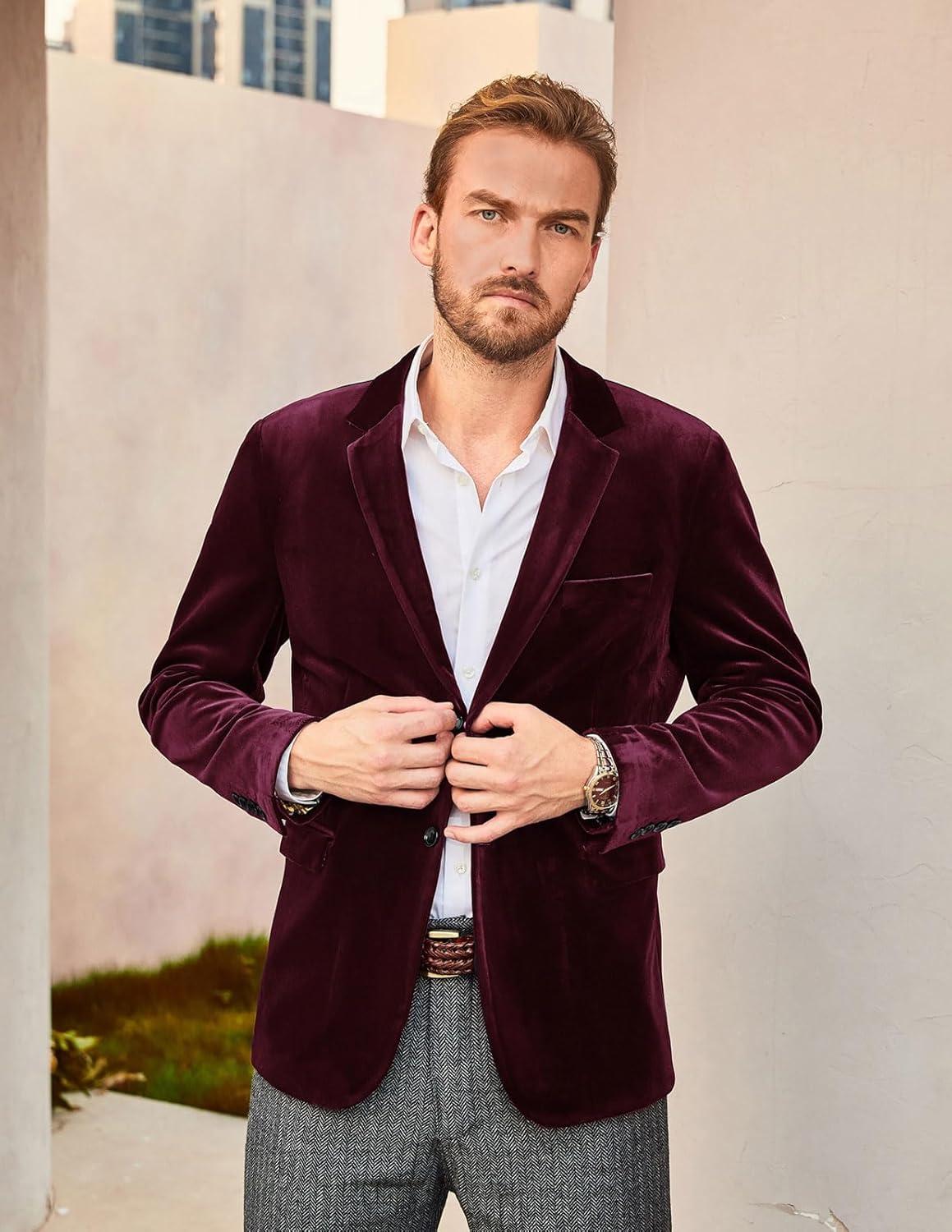 imagePJ PAUL JONES Mens Velvet Blazer Jacket Two Button Sport Coat Solid Suit Jackets for Dinner Prom WeddingBlack Red