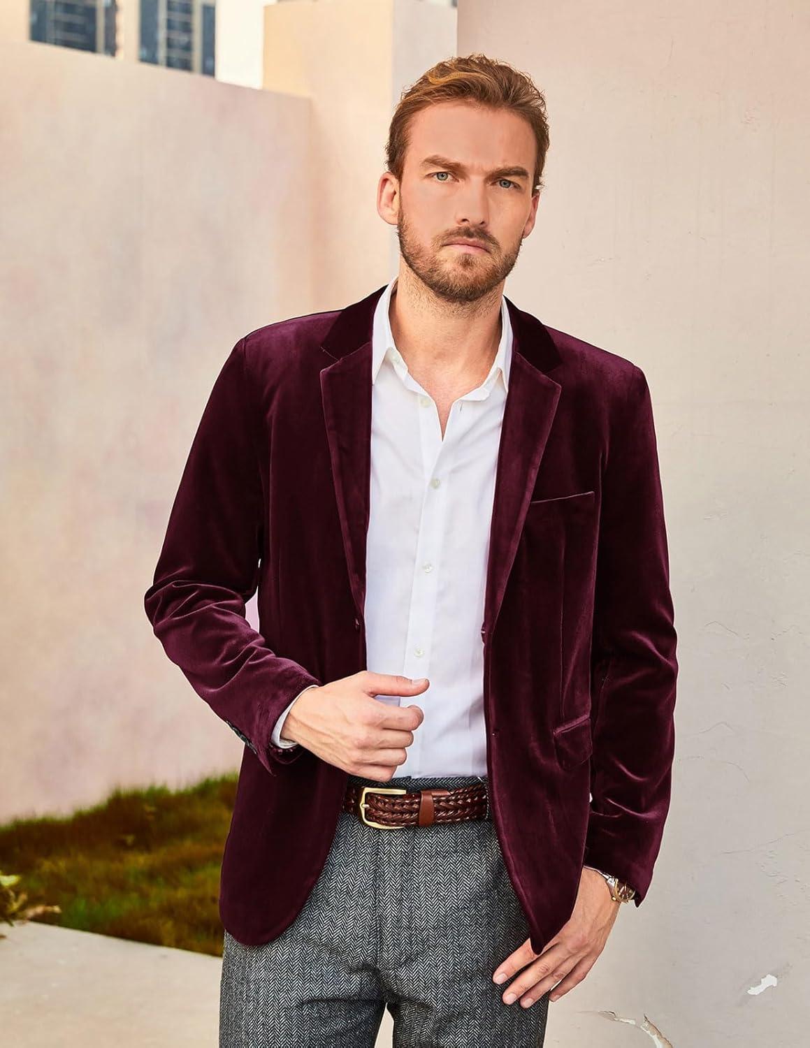 imagePJ PAUL JONES Mens Velvet Blazer Jacket Two Button Sport Coat Solid Suit Jackets for Dinner Prom WeddingBlack Red