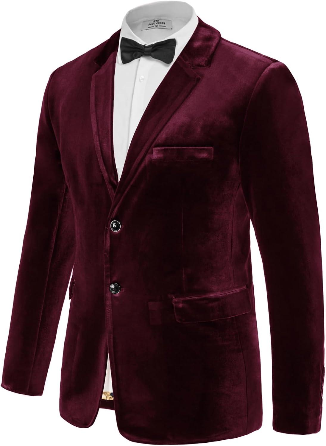 imagePJ PAUL JONES Mens Velvet Blazer Jacket Two Button Sport Coat Solid Suit Jackets for Dinner Prom WeddingBlack Red