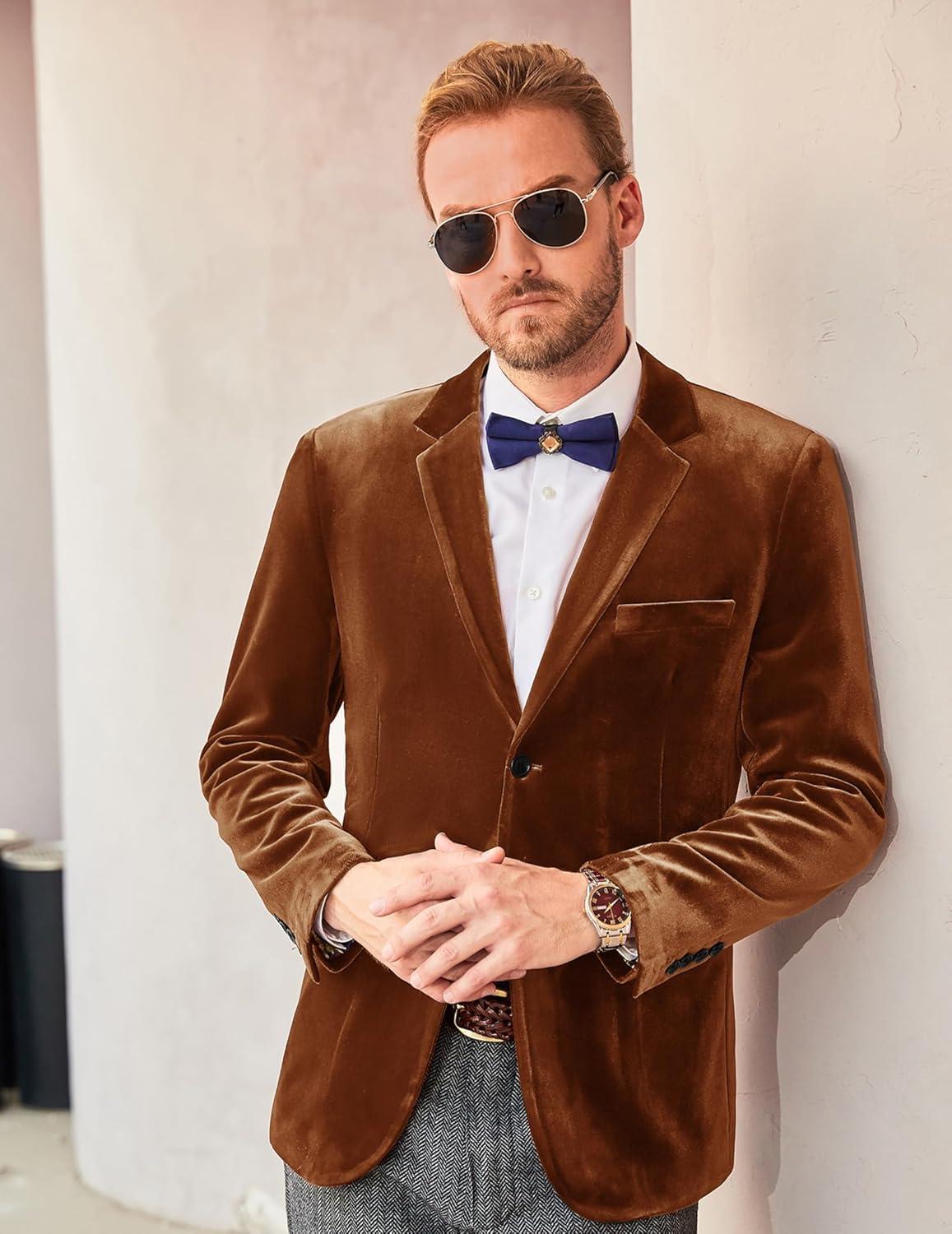 imagePJ PAUL JONES Mens Velvet Blazer Jacket Two Button Sport Coat Solid Suit Jackets for Dinner Prom WeddingBrown