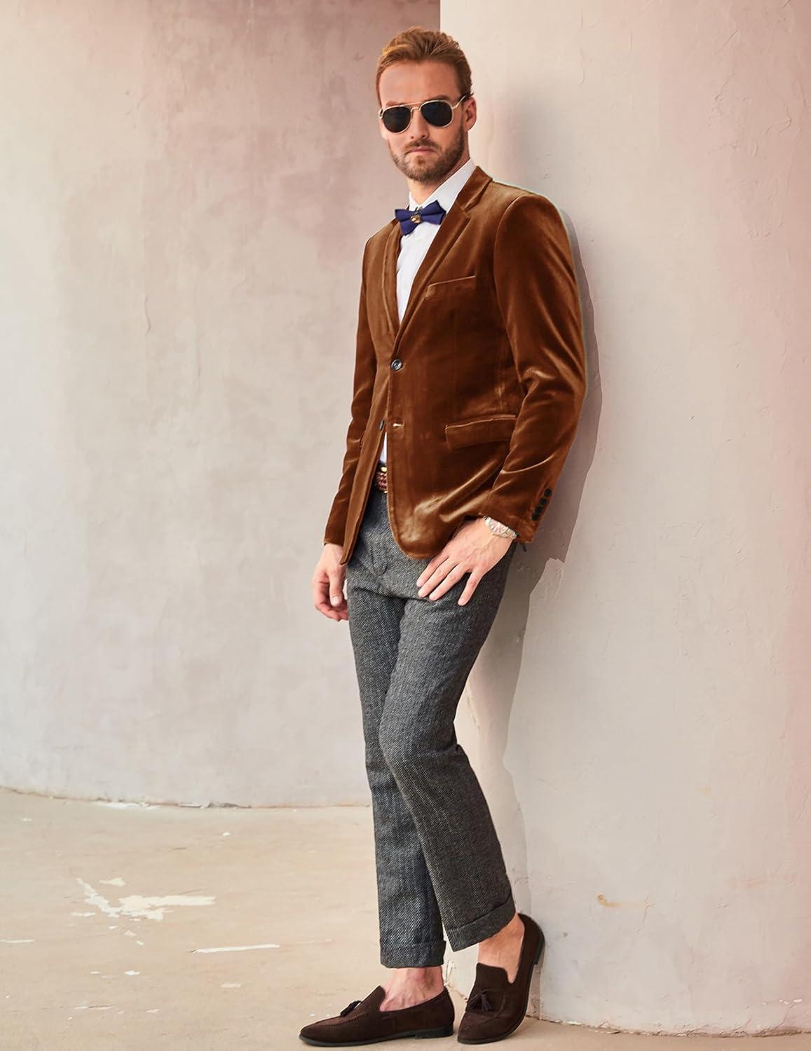 imagePJ PAUL JONES Mens Velvet Blazer Jacket Two Button Sport Coat Solid Suit Jackets for Dinner Prom WeddingBrown