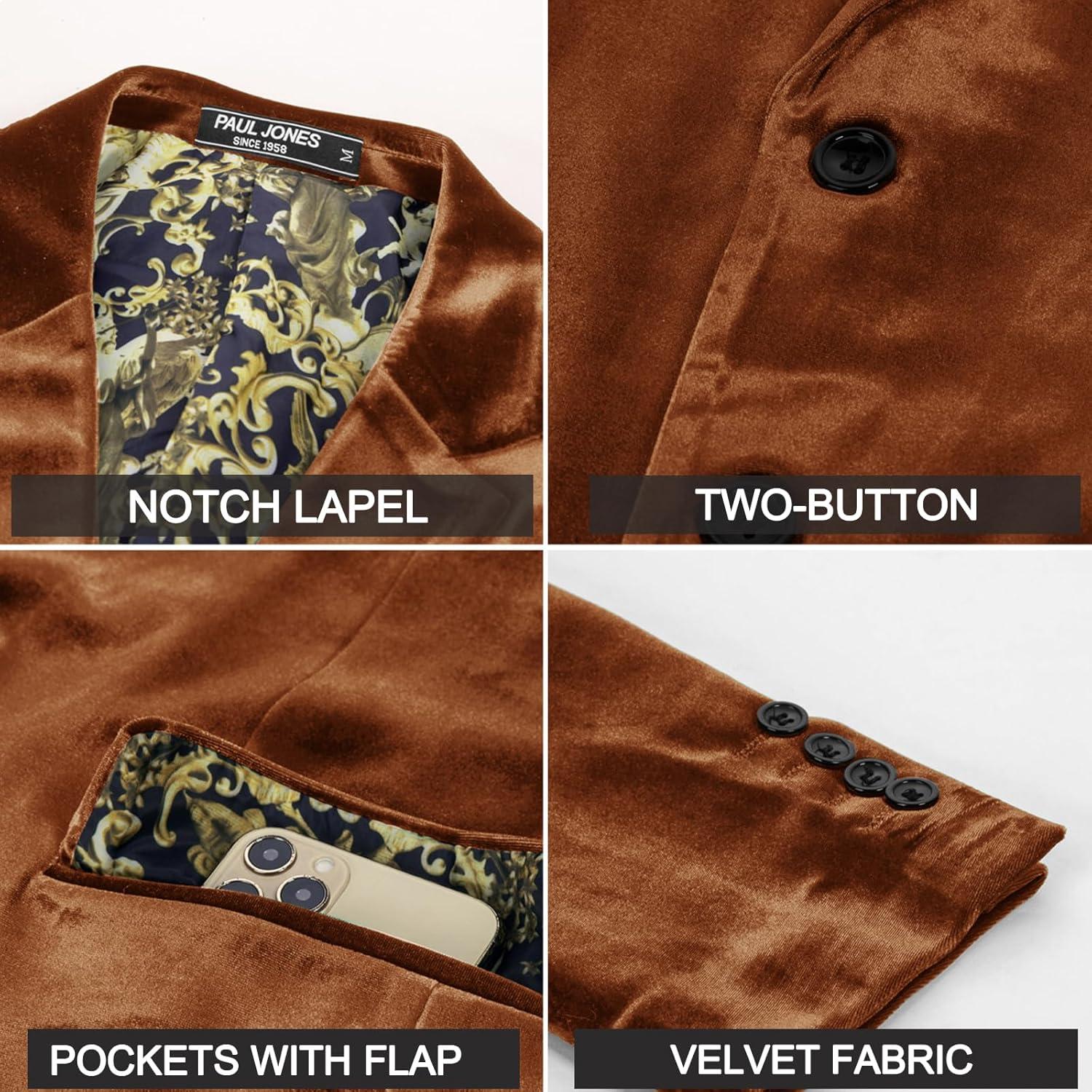 imagePJ PAUL JONES Mens Velvet Blazer Jacket Two Button Sport Coat Solid Suit Jackets for Dinner Prom WeddingBrown