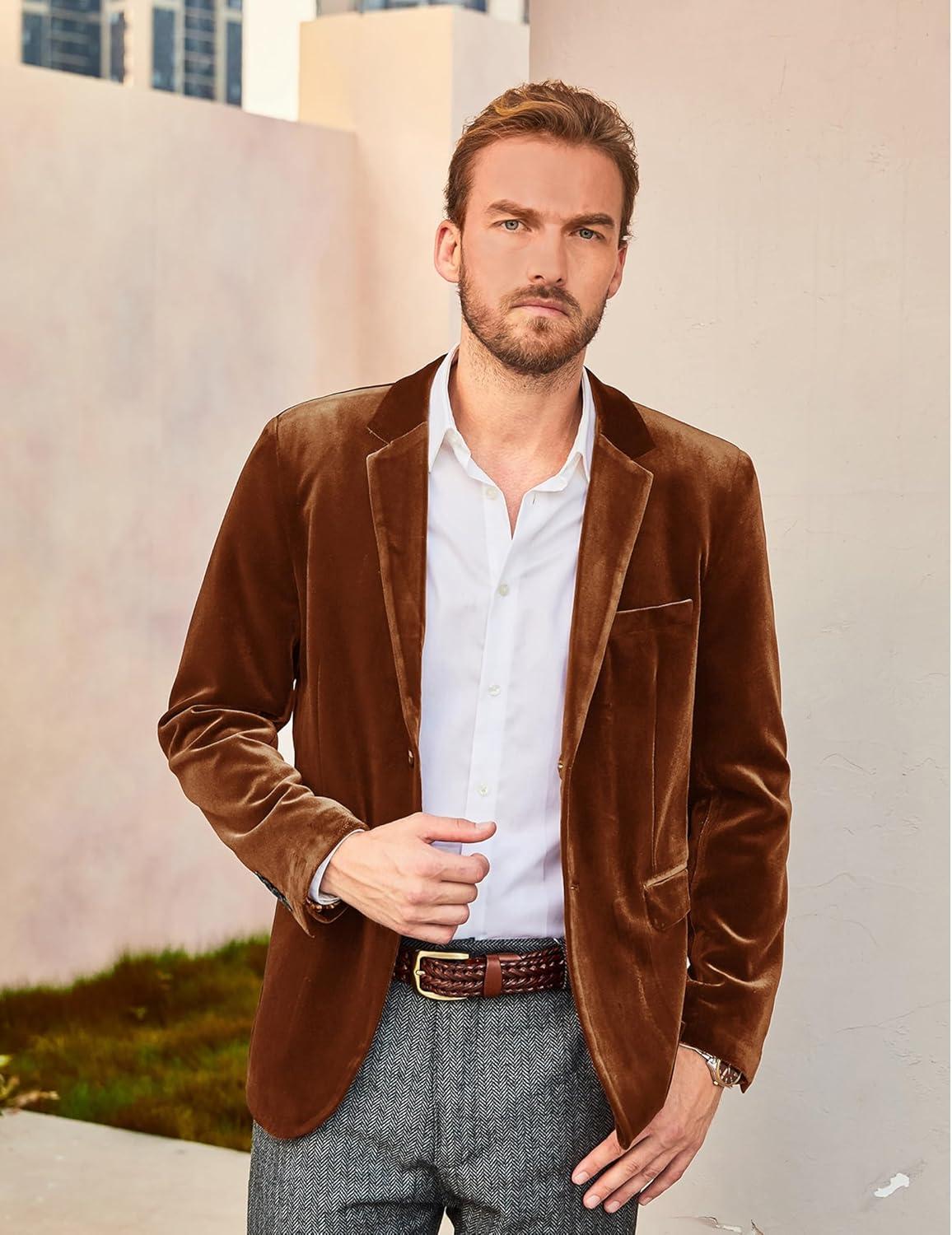 imagePJ PAUL JONES Mens Velvet Blazer Jacket Two Button Sport Coat Solid Suit Jackets for Dinner Prom WeddingBrown