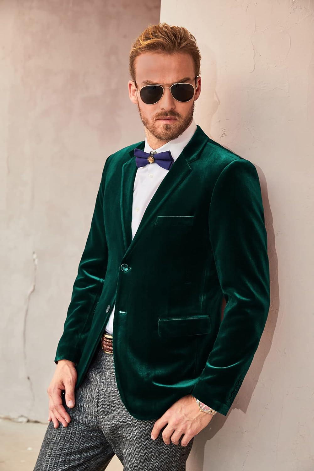 imagePJ PAUL JONES Mens Velvet Blazer Jacket Two Button Sport Coat Solid Suit Jackets for Dinner Prom WeddingDark Green