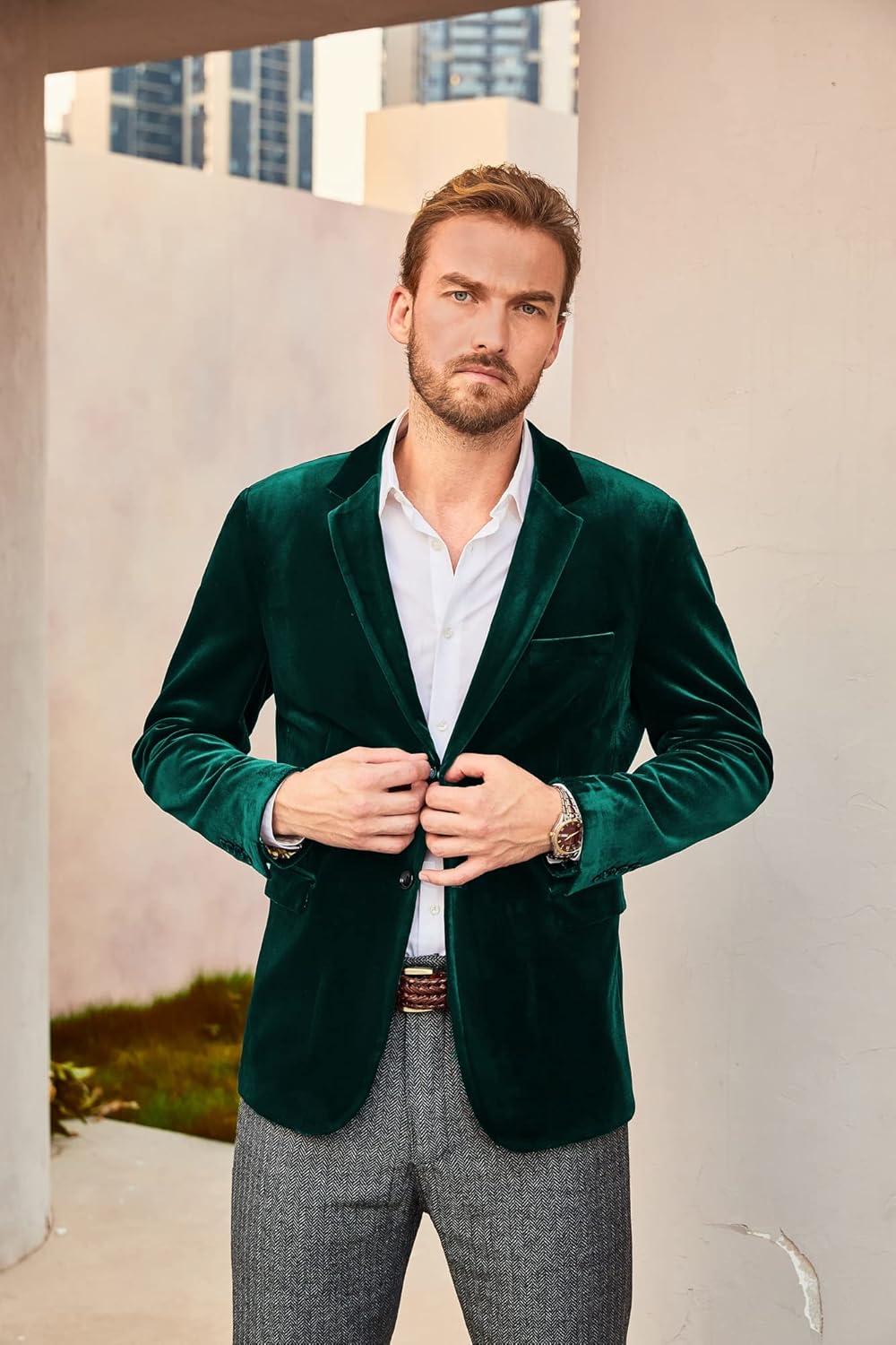imagePJ PAUL JONES Mens Velvet Blazer Jacket Two Button Sport Coat Solid Suit Jackets for Dinner Prom WeddingDark Green