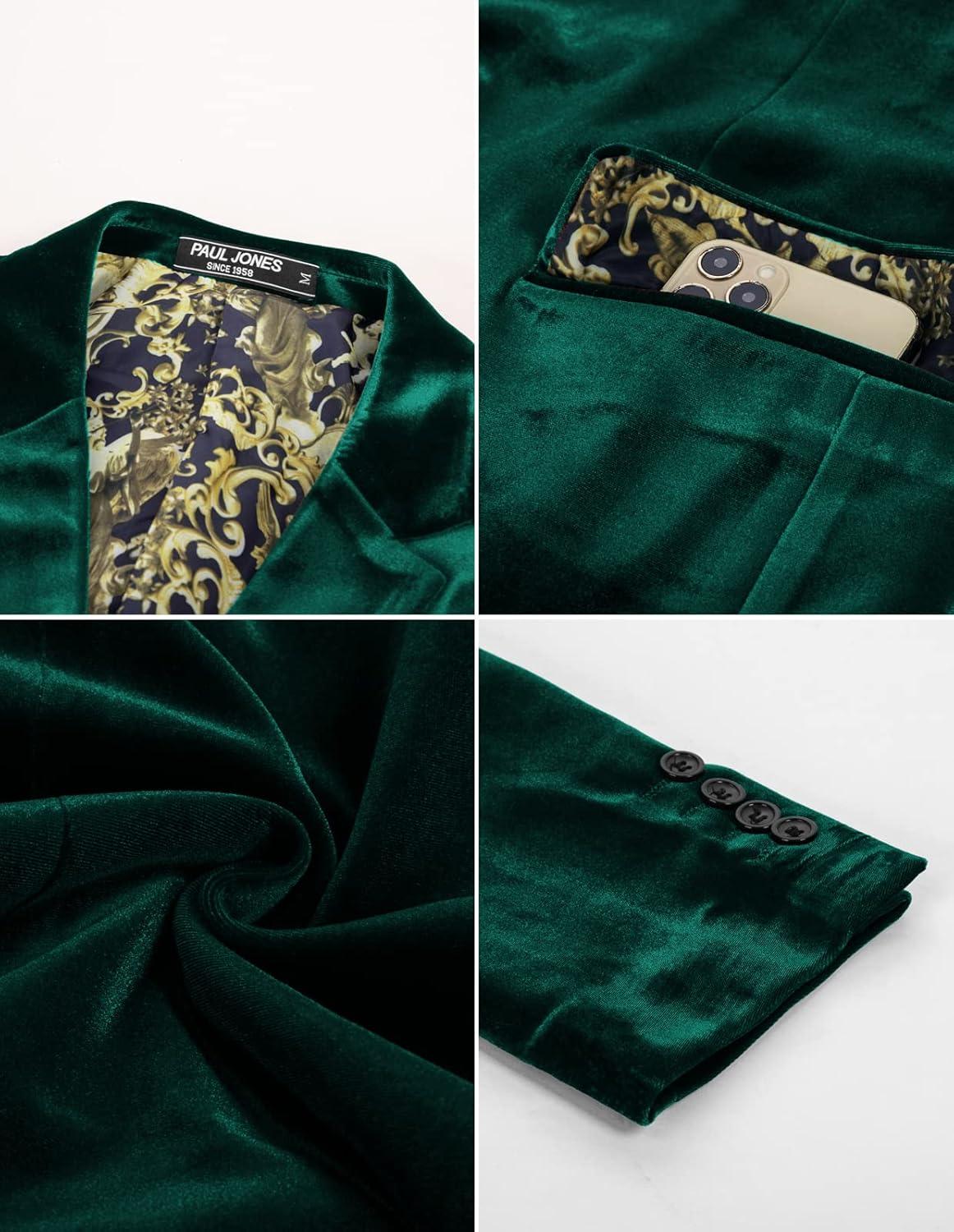 imagePJ PAUL JONES Mens Velvet Blazer Jacket Two Button Sport Coat Solid Suit Jackets for Dinner Prom WeddingDark Green