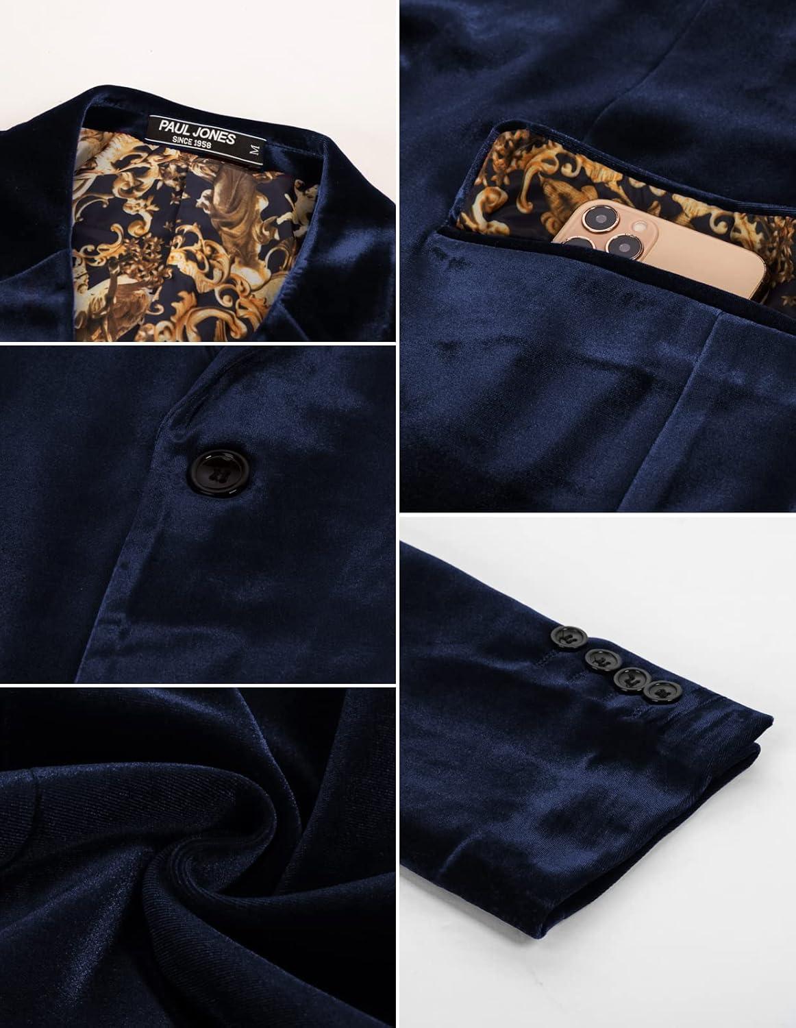 imagePJ PAUL JONES Mens Velvet Blazer Jacket Two Button Sport Coat Solid Suit Jackets for Dinner Prom WeddingNavy