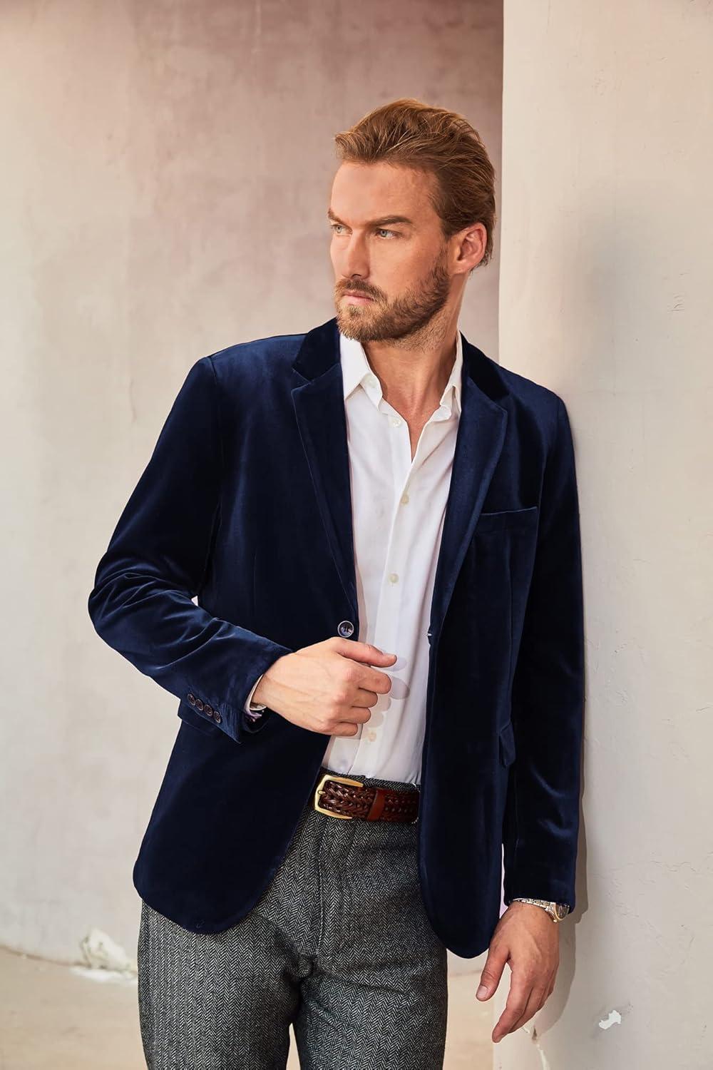 imagePJ PAUL JONES Mens Velvet Blazer Jacket Two Button Sport Coat Solid Suit Jackets for Dinner Prom WeddingNavy