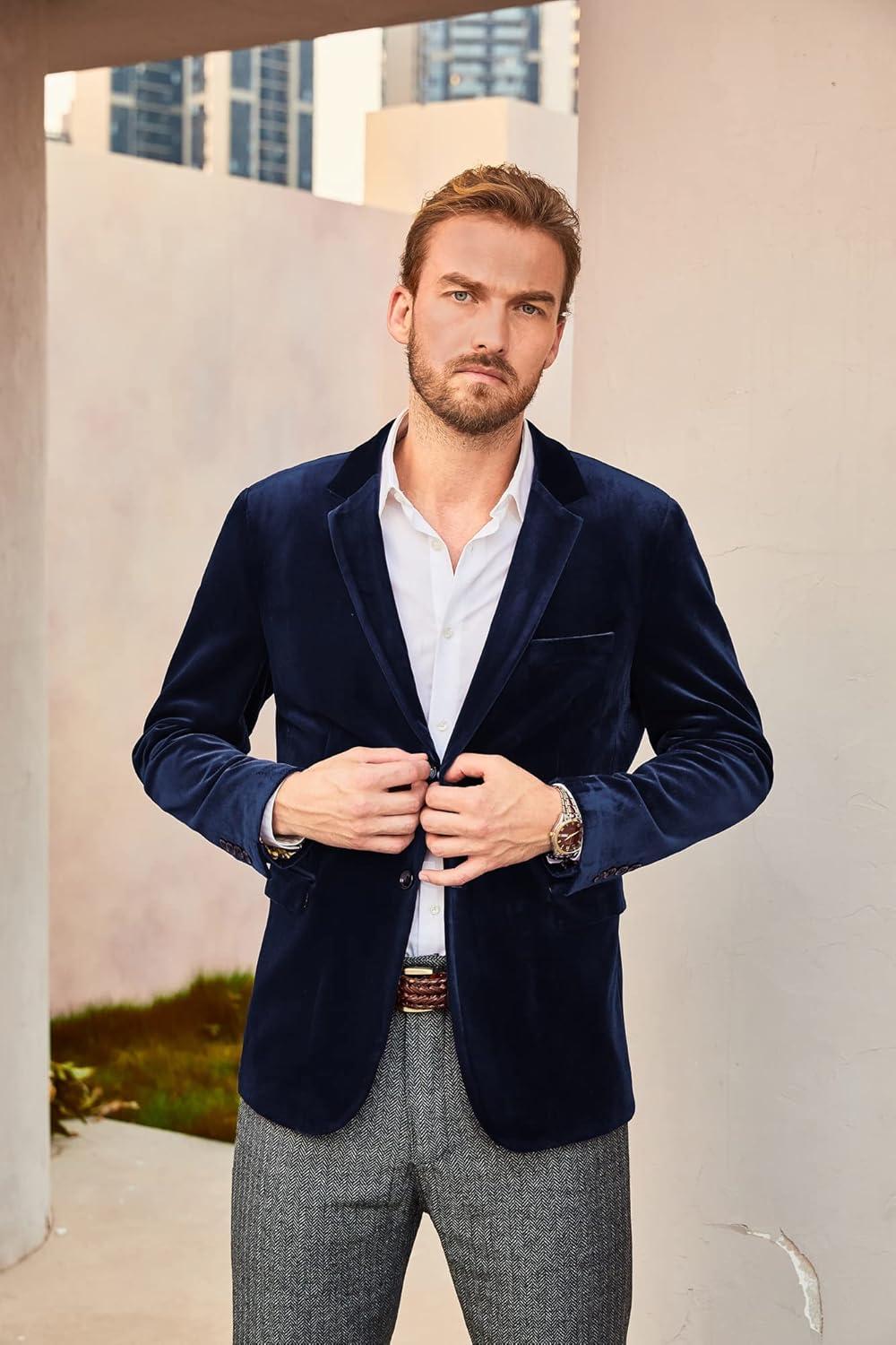imagePJ PAUL JONES Mens Velvet Blazer Jacket Two Button Sport Coat Solid Suit Jackets for Dinner Prom WeddingNavy
