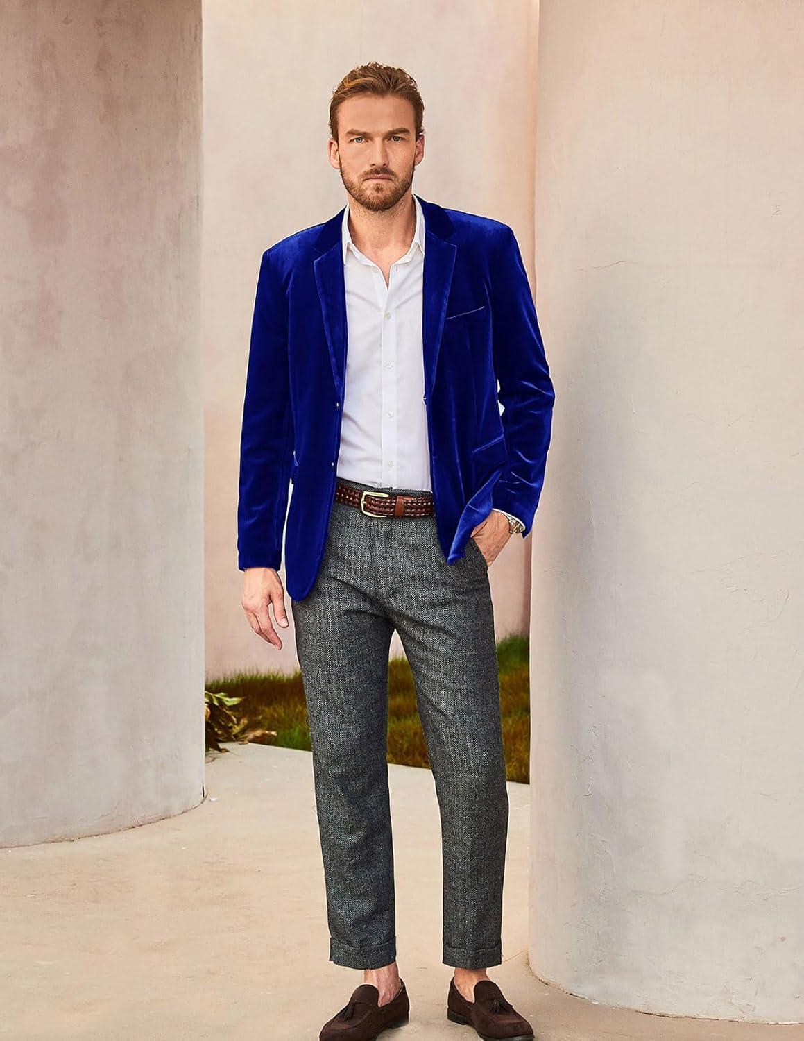 imagePJ PAUL JONES Mens Velvet Blazer Jacket Two Button Sport Coat Solid Suit Jackets for Dinner Prom WeddingRoyal Blue