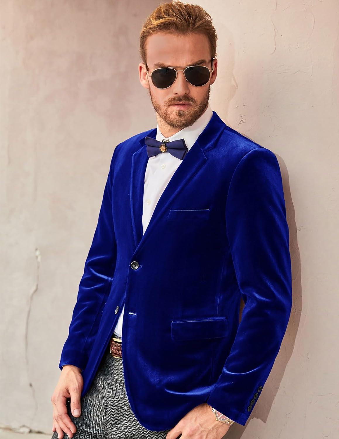 imagePJ PAUL JONES Mens Velvet Blazer Jacket Two Button Sport Coat Solid Suit Jackets for Dinner Prom WeddingRoyal Blue