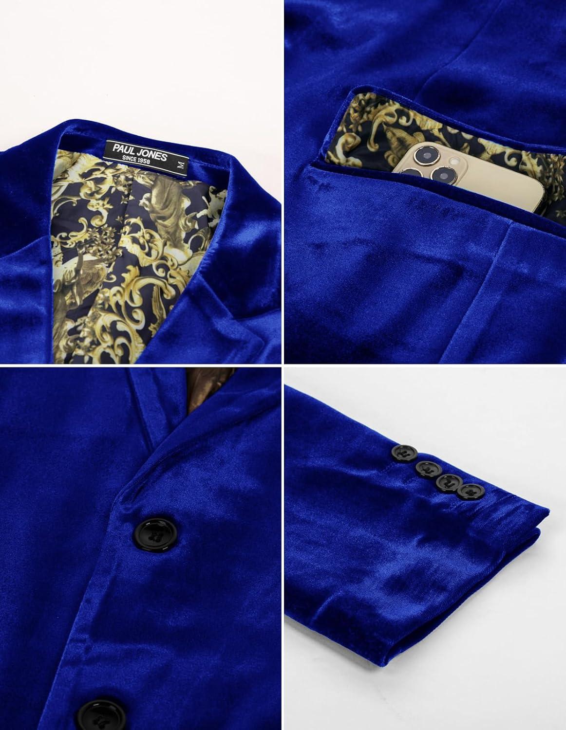 imagePJ PAUL JONES Mens Velvet Blazer Jacket Two Button Sport Coat Solid Suit Jackets for Dinner Prom WeddingRoyal Blue