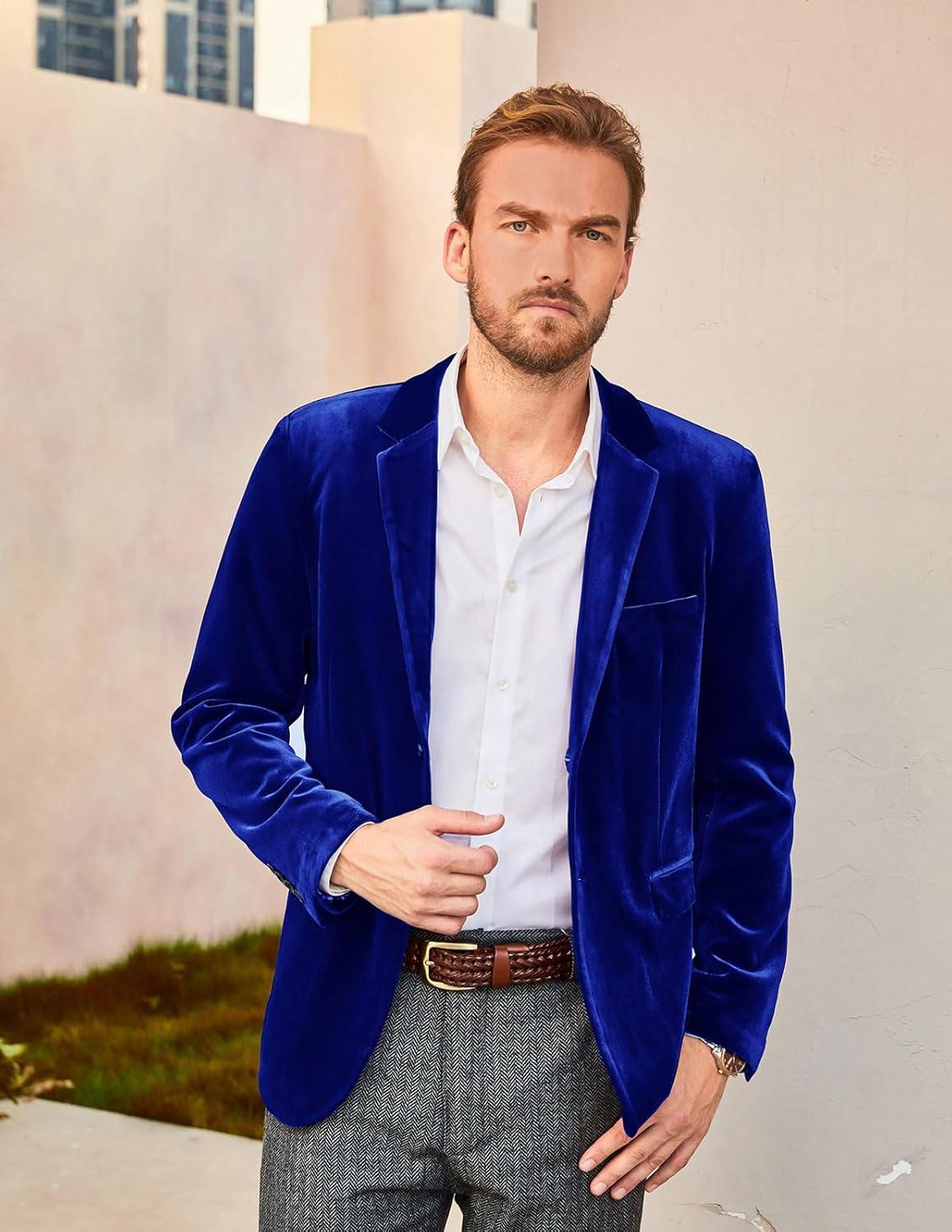 imagePJ PAUL JONES Mens Velvet Blazer Jacket Two Button Sport Coat Solid Suit Jackets for Dinner Prom WeddingRoyal Blue