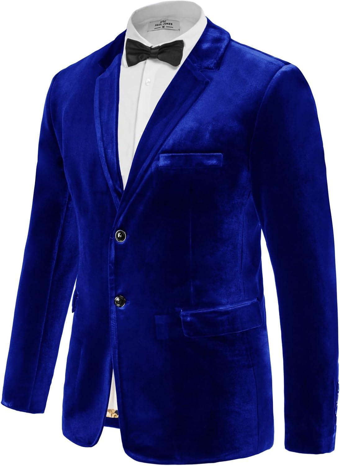 imagePJ PAUL JONES Mens Velvet Blazer Jacket Two Button Sport Coat Solid Suit Jackets for Dinner Prom WeddingRoyal Blue