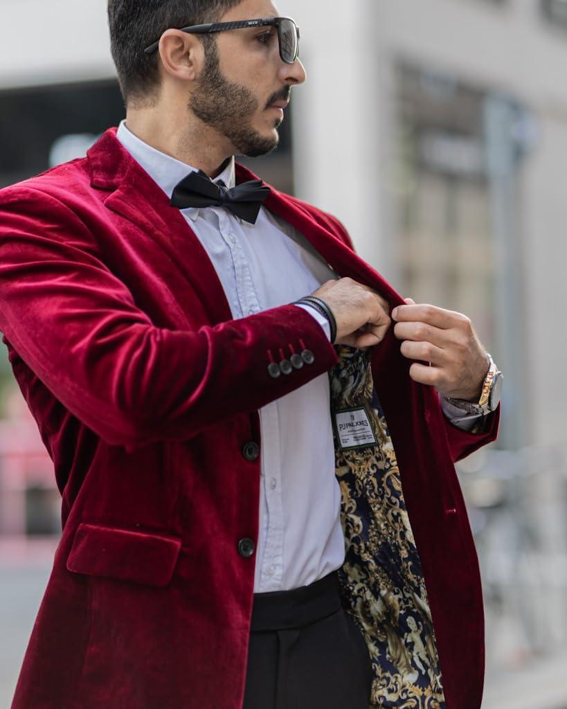 imagePJ PAUL JONES Mens Velvet Blazer Jacket Two Button Sport Coat Solid Suit Jackets for Dinner Prom WeddingWine
