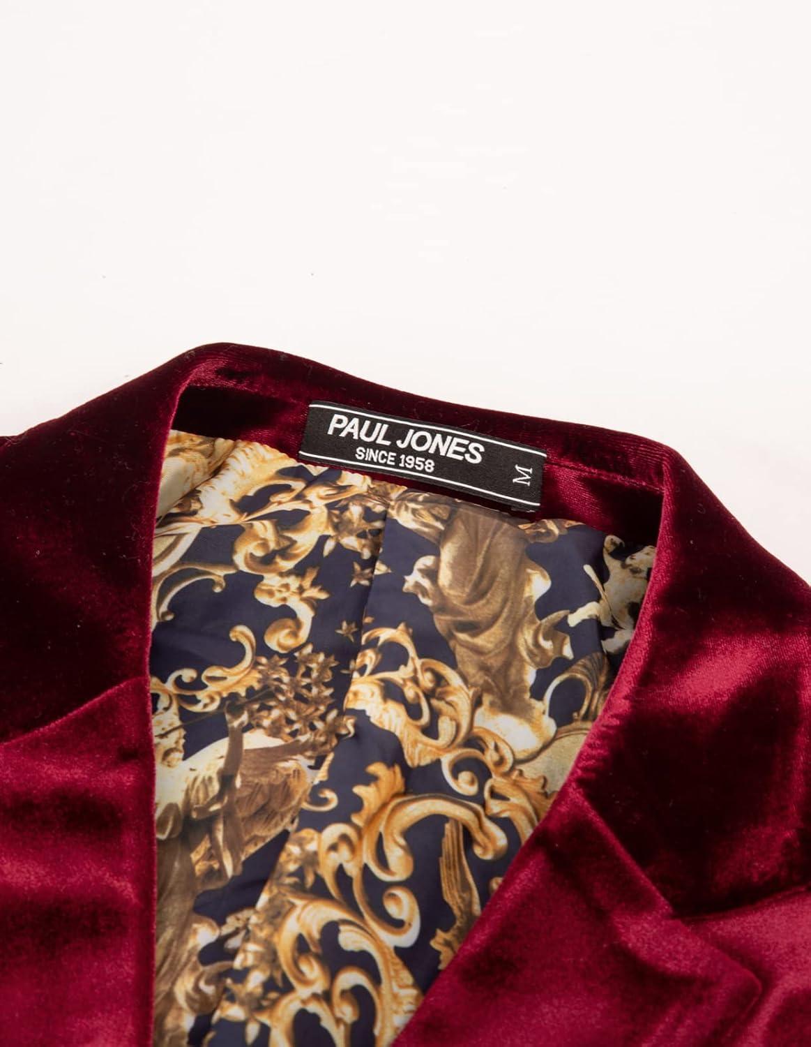 imagePJ PAUL JONES Mens Velvet Blazer Jacket Two Button Sport Coat Solid Suit Jackets for Dinner Prom WeddingWine