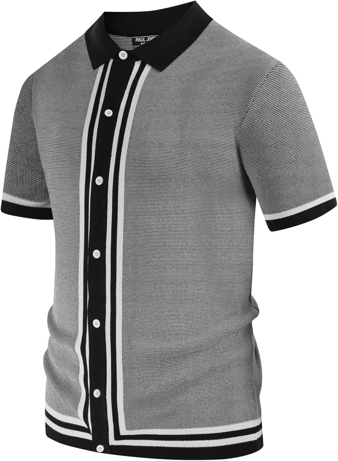 imagePJ PAUL JONES Mens Vintage Stripe Knit Polo Shirts Short Sleeve Stylish Button Down Cardigan SweaterBlackknit