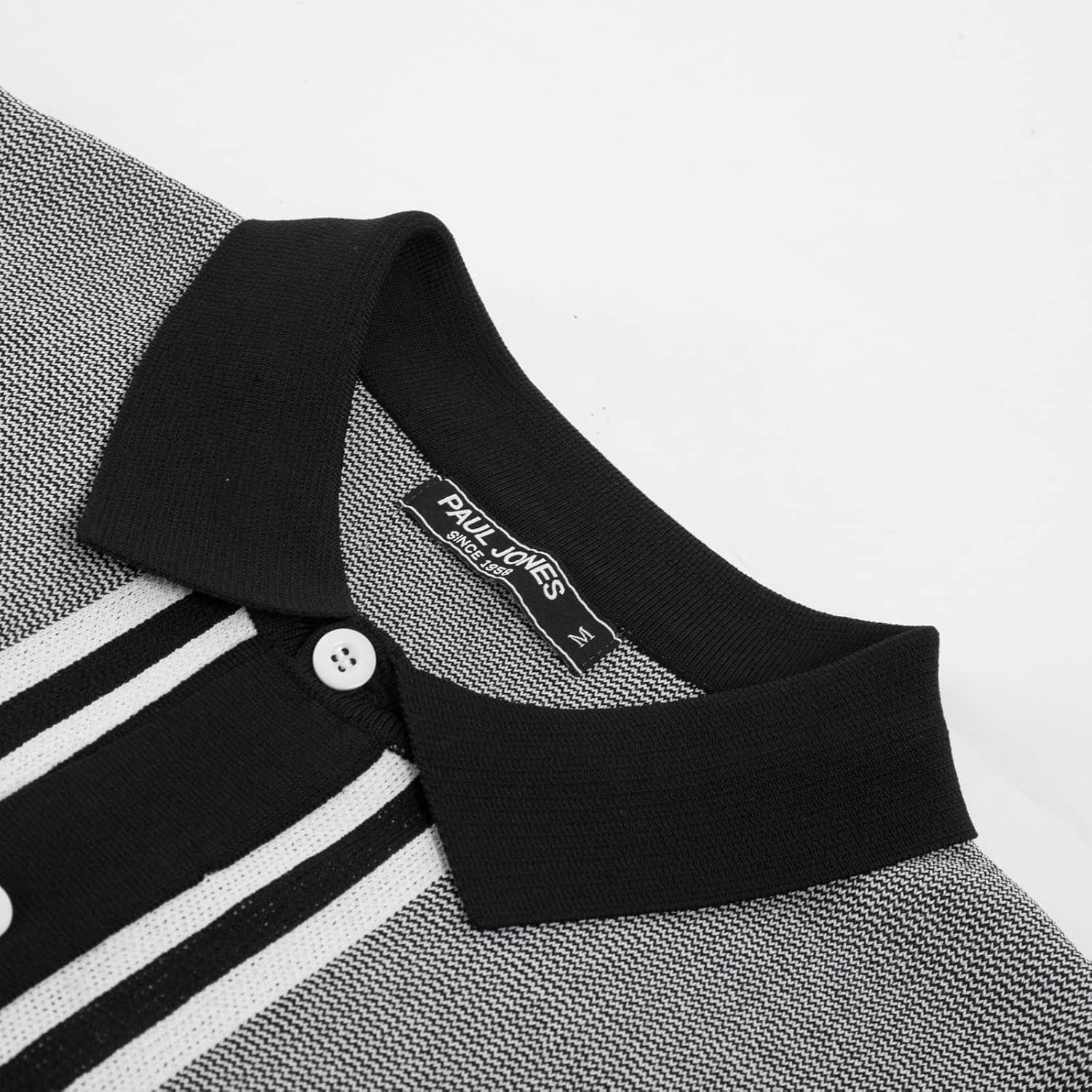 imagePJ PAUL JONES Mens Vintage Stripe Knit Polo Shirts Short Sleeve Stylish Button Down Cardigan SweaterBlackknit