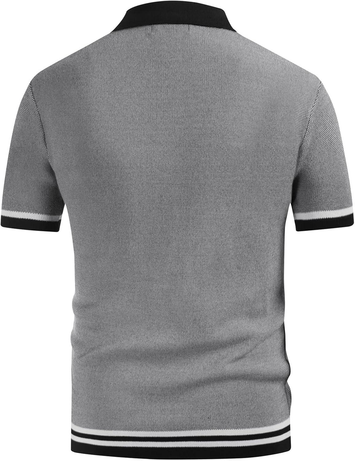 imagePJ PAUL JONES Mens Vintage Stripe Knit Polo Shirts Short Sleeve Stylish Button Down Cardigan SweaterBlackknit