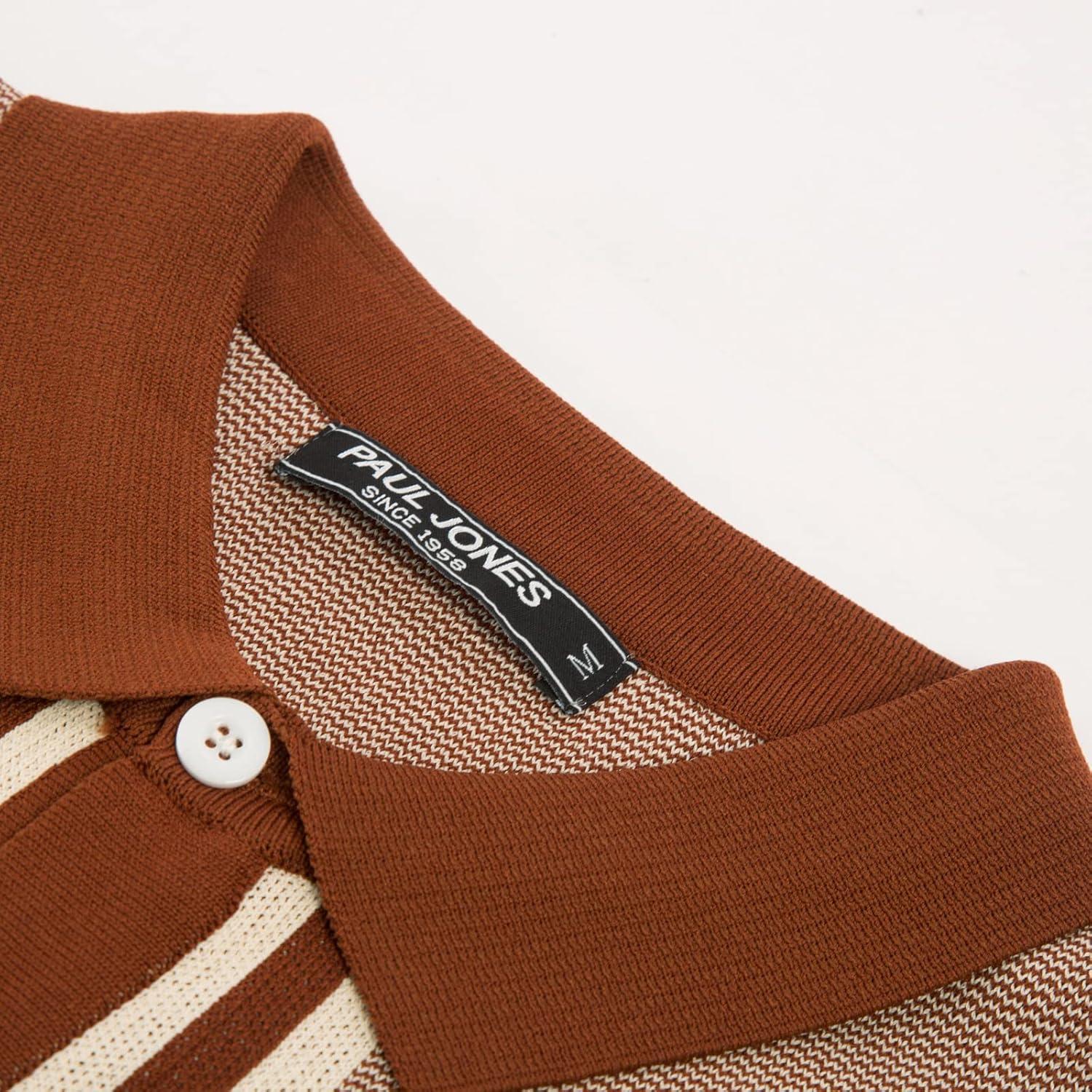 imagePJ PAUL JONES Mens Vintage Stripe Knit Polo Shirts Short Sleeve Stylish Button Down Cardigan SweaterCamarel