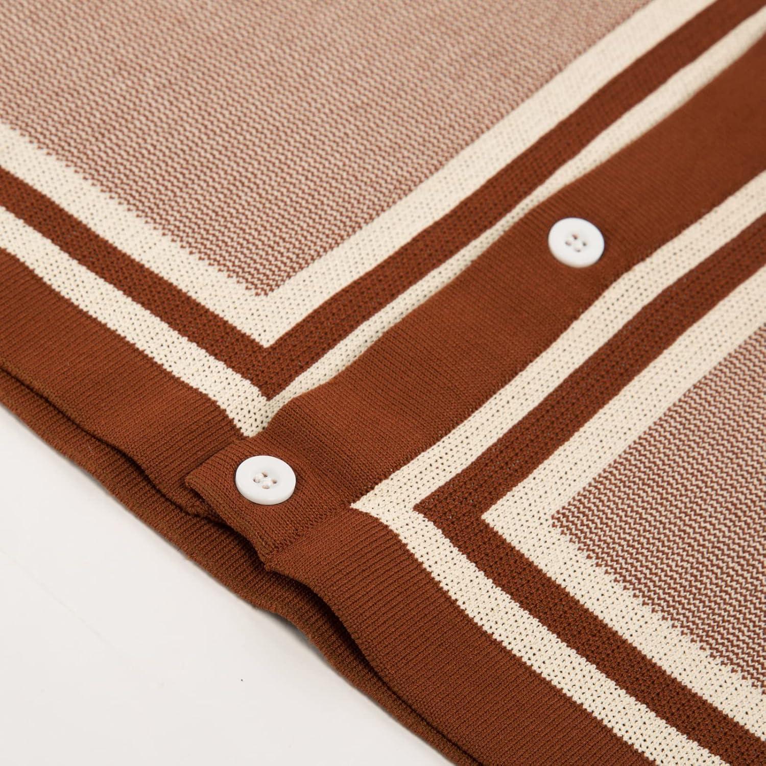 imagePJ PAUL JONES Mens Vintage Stripe Knit Polo Shirts Short Sleeve Stylish Button Down Cardigan SweaterCamarel