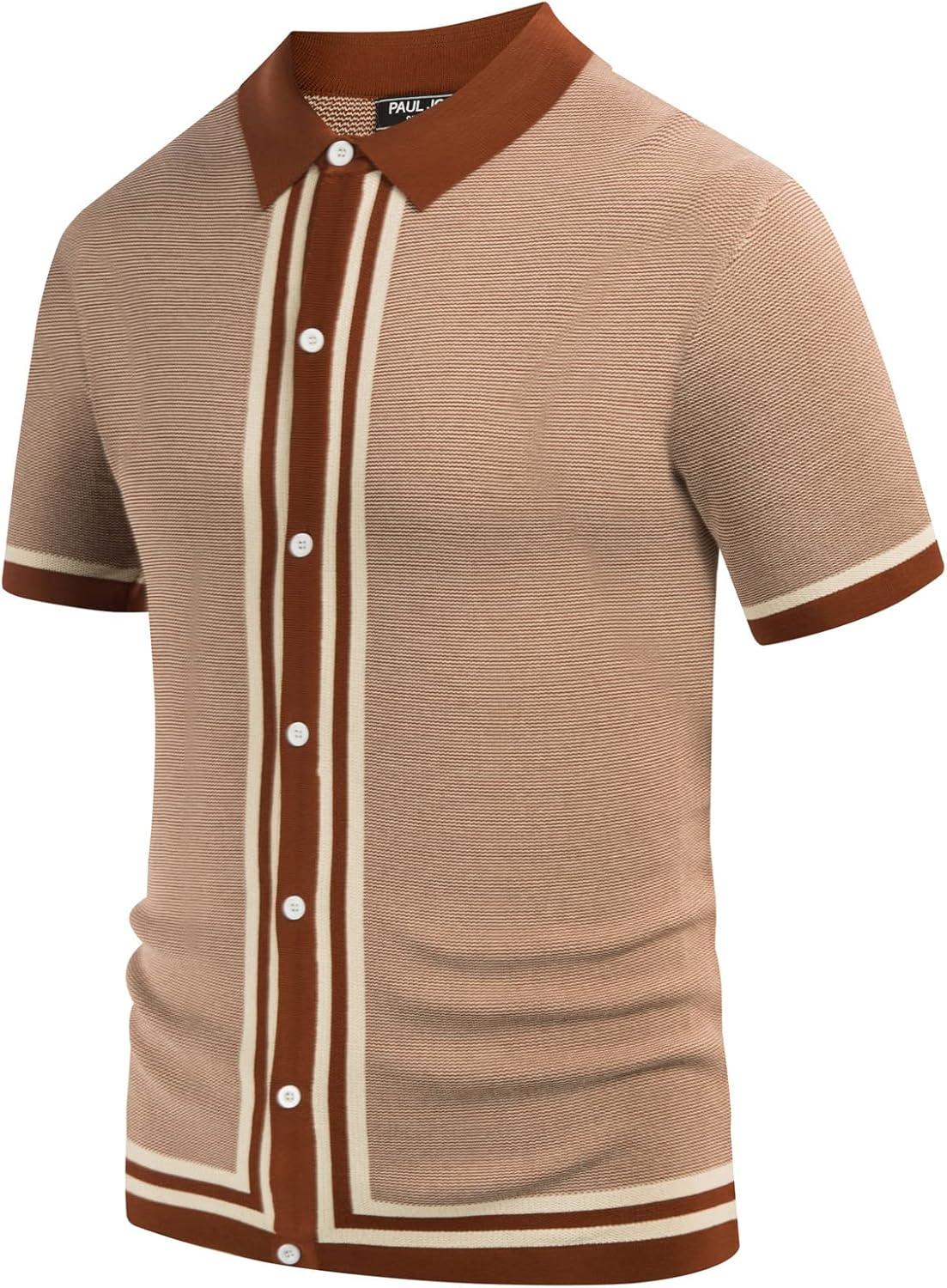 imagePJ PAUL JONES Mens Vintage Stripe Knit Polo Shirts Short Sleeve Stylish Button Down Cardigan SweaterCamarel