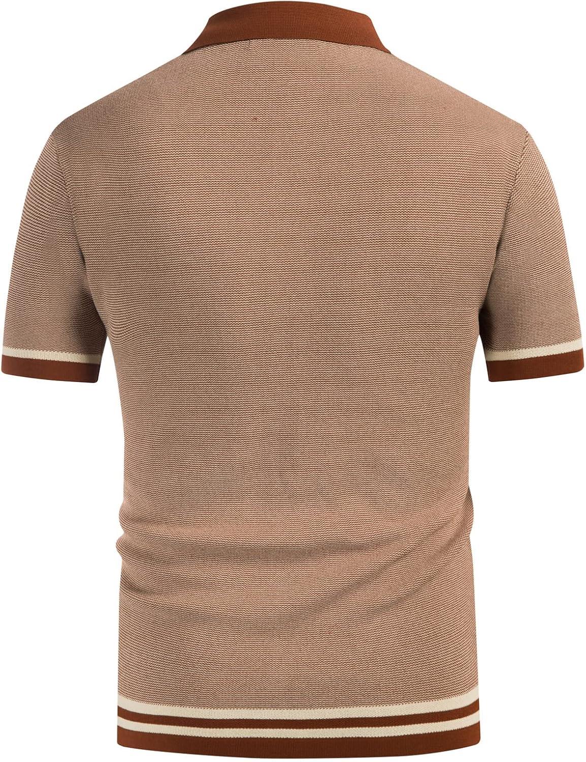 imagePJ PAUL JONES Mens Vintage Stripe Knit Polo Shirts Short Sleeve Stylish Button Down Cardigan SweaterCamarel