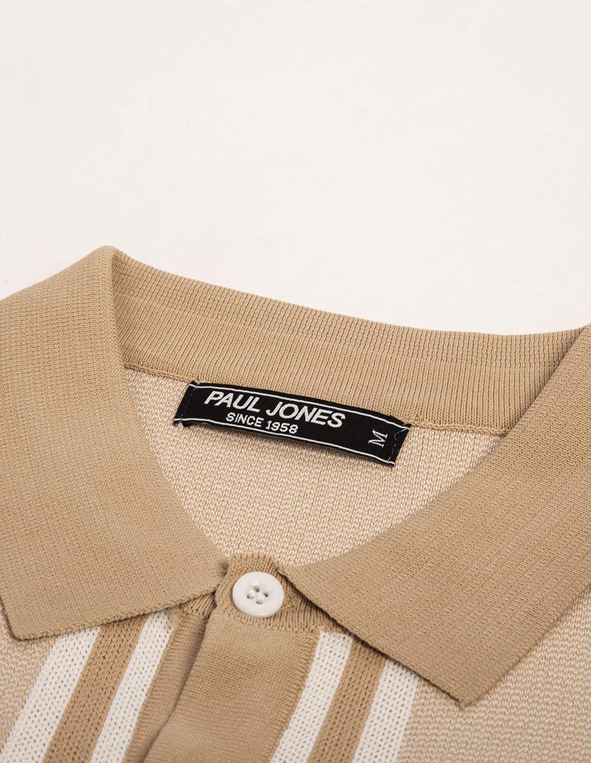 imagePJ PAUL JONES Mens Vintage Stripe Knit Polo Shirts Short Sleeve Stylish Button Down Cardigan SweaterWheat