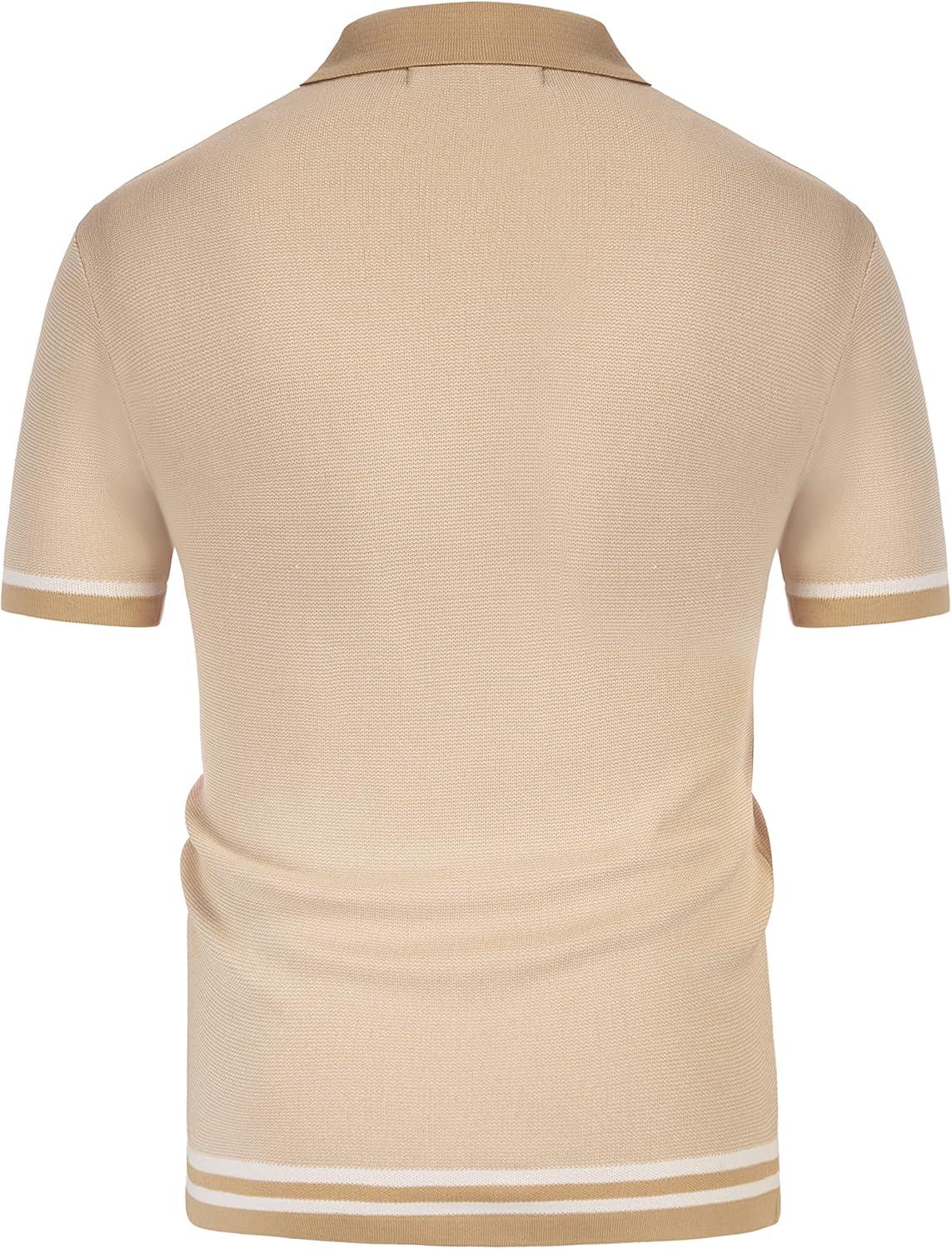 imagePJ PAUL JONES Mens Vintage Stripe Knit Polo Shirts Short Sleeve Stylish Button Down Cardigan SweaterWheat