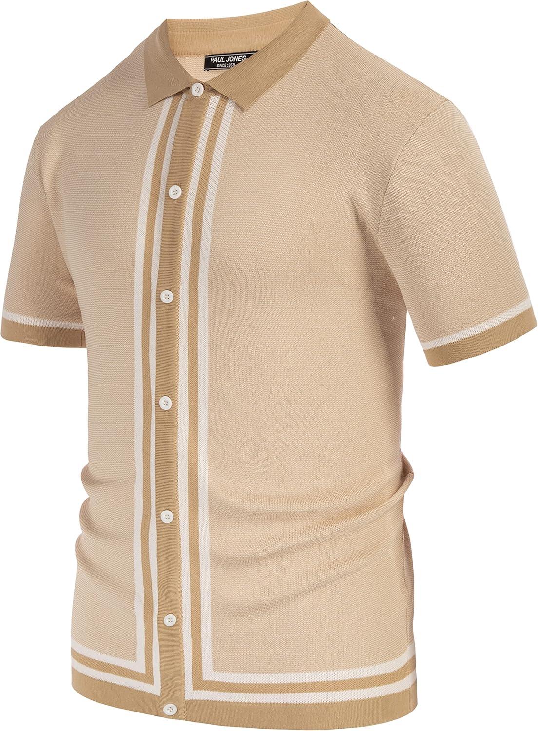 imagePJ PAUL JONES Mens Vintage Stripe Knit Polo Shirts Short Sleeve Stylish Button Down Cardigan SweaterWheat