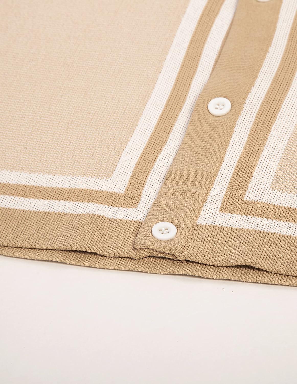 imagePJ PAUL JONES Mens Vintage Stripe Knit Polo Shirts Short Sleeve Stylish Button Down Cardigan SweaterWheat