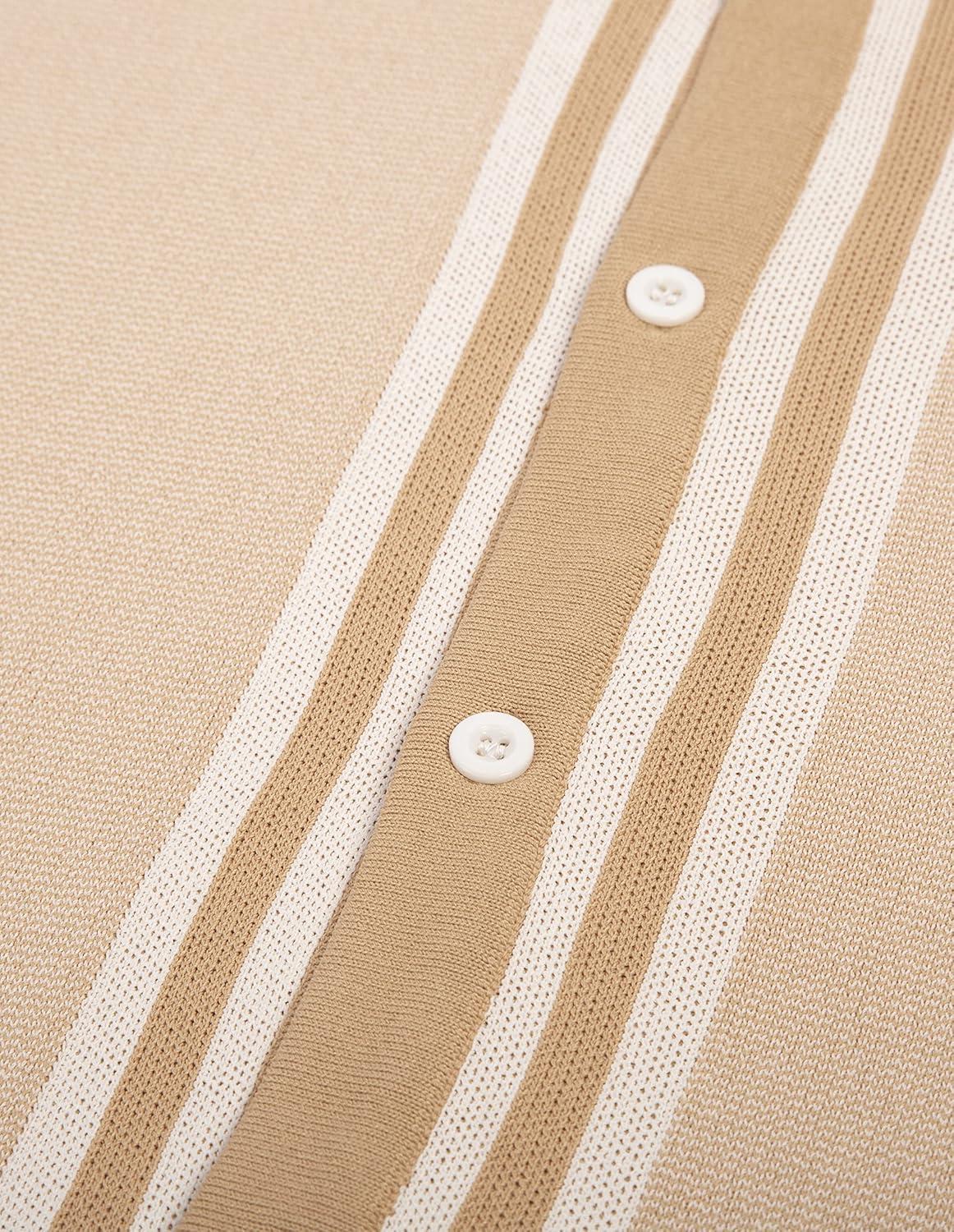 imagePJ PAUL JONES Mens Vintage Stripe Knit Polo Shirts Short Sleeve Stylish Button Down Cardigan SweaterWheat