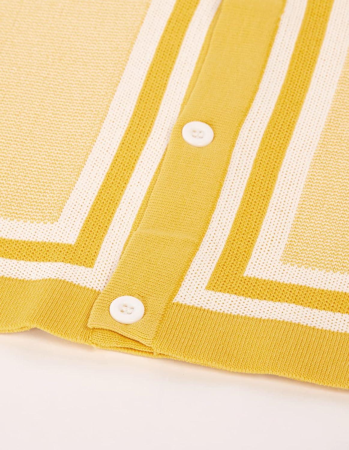 imagePJ PAUL JONES Mens Vintage Stripe Knit Polo Shirts Short Sleeve Stylish Button Down Cardigan SweaterYellow