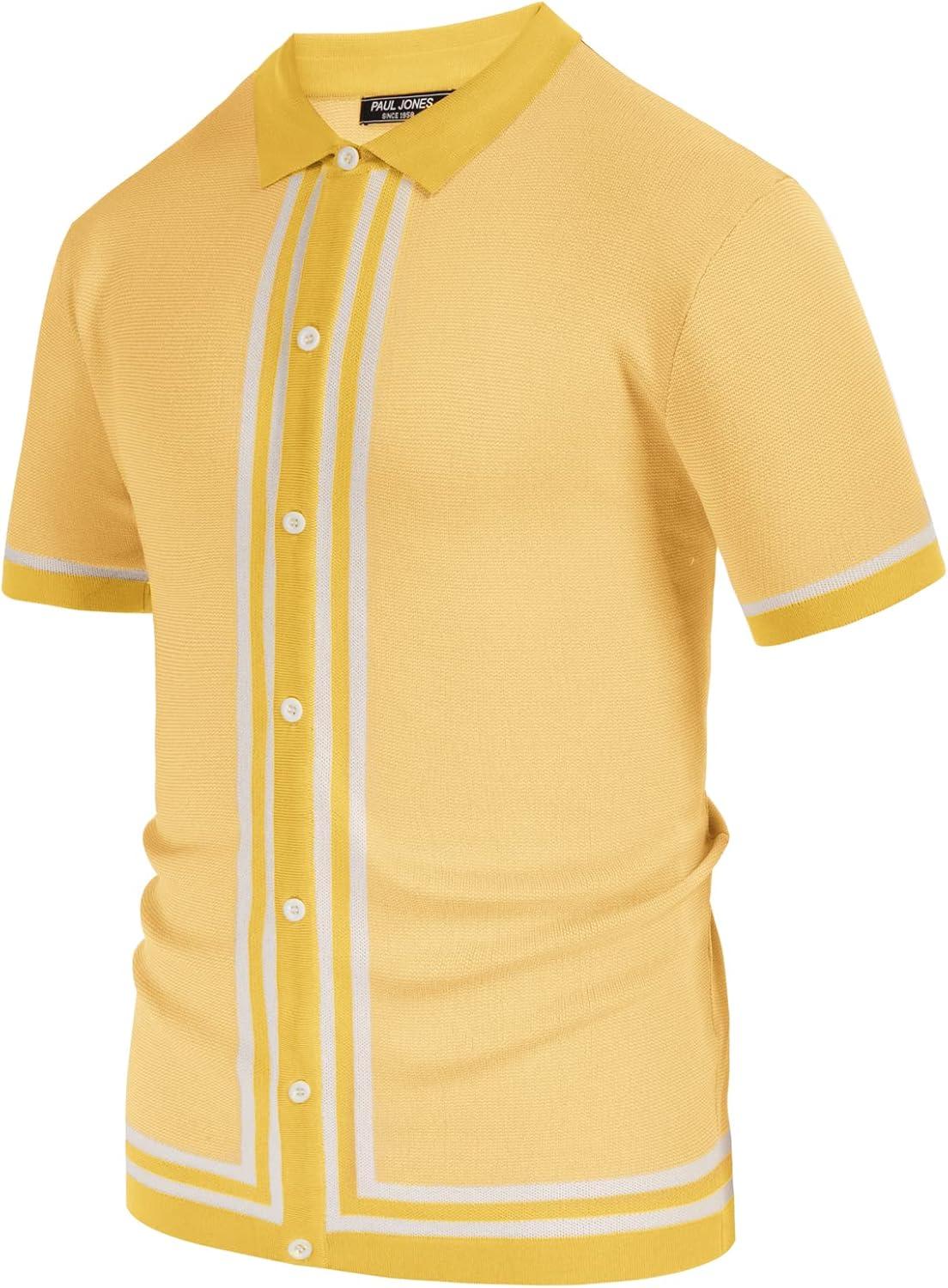 imagePJ PAUL JONES Mens Vintage Stripe Knit Polo Shirts Short Sleeve Stylish Button Down Cardigan SweaterYellow