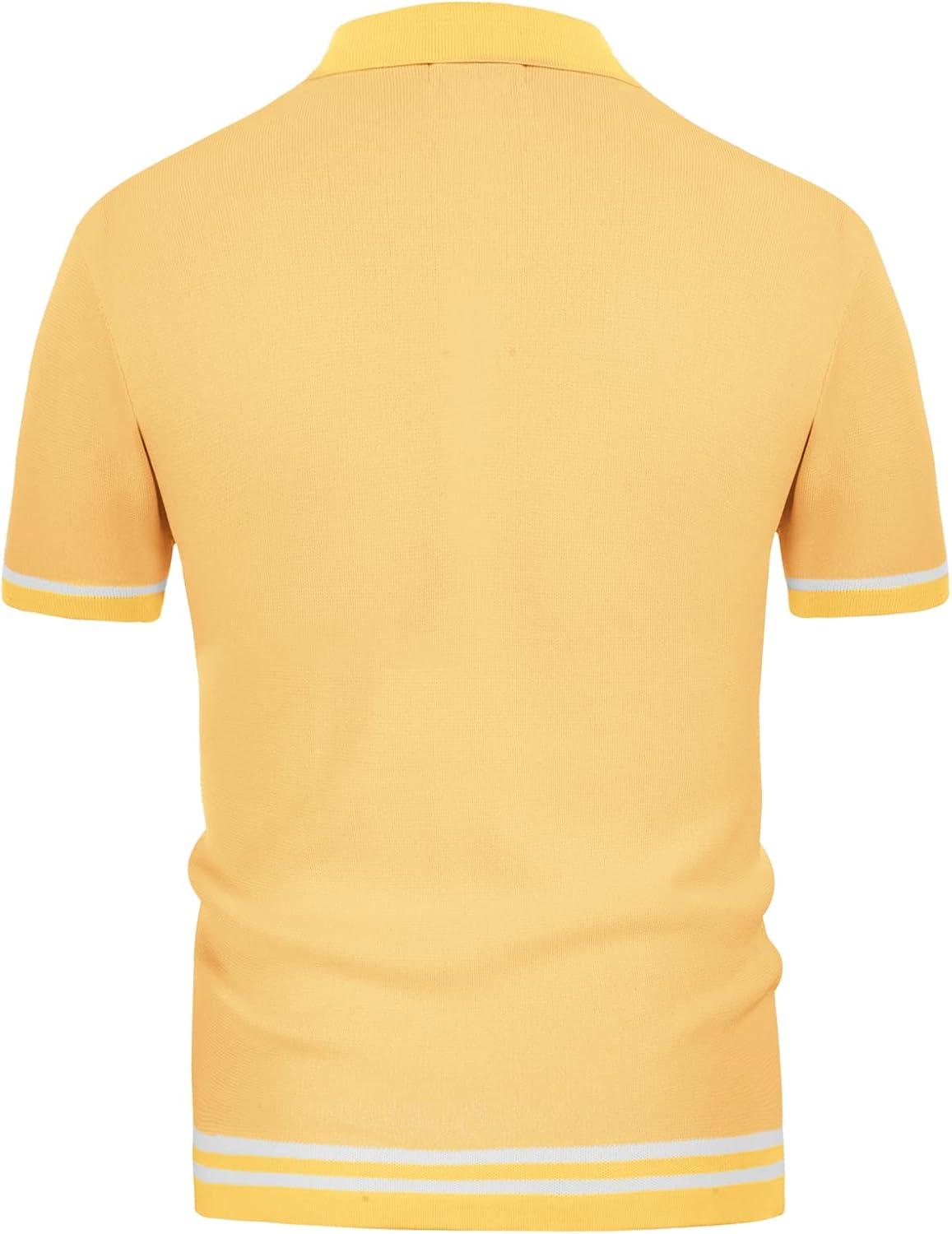 imagePJ PAUL JONES Mens Vintage Stripe Knit Polo Shirts Short Sleeve Stylish Button Down Cardigan SweaterYellow