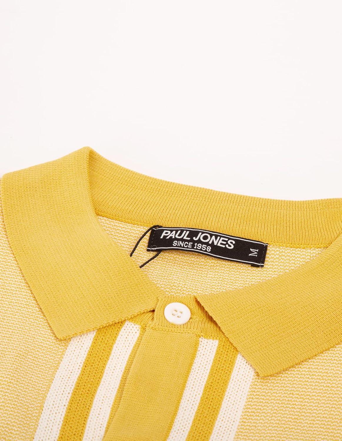 imagePJ PAUL JONES Mens Vintage Stripe Knit Polo Shirts Short Sleeve Stylish Button Down Cardigan SweaterYellow