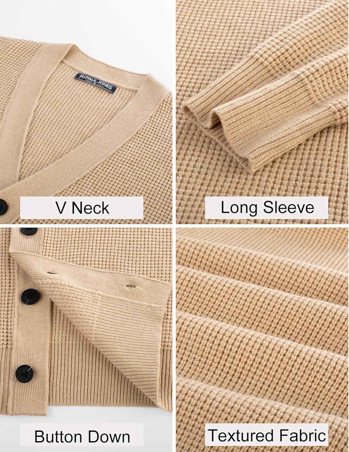 imagePJ PAUL JONES Mens Waffle Textured Cardigan Sweater Long Sleeve VNeck Knitted SweatersApricot