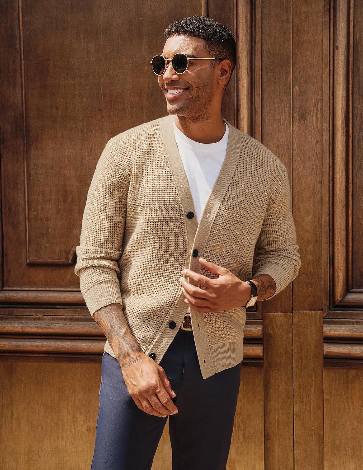 imagePJ PAUL JONES Mens Waffle Textured Cardigan Sweater Long Sleeve VNeck Knitted SweatersApricot