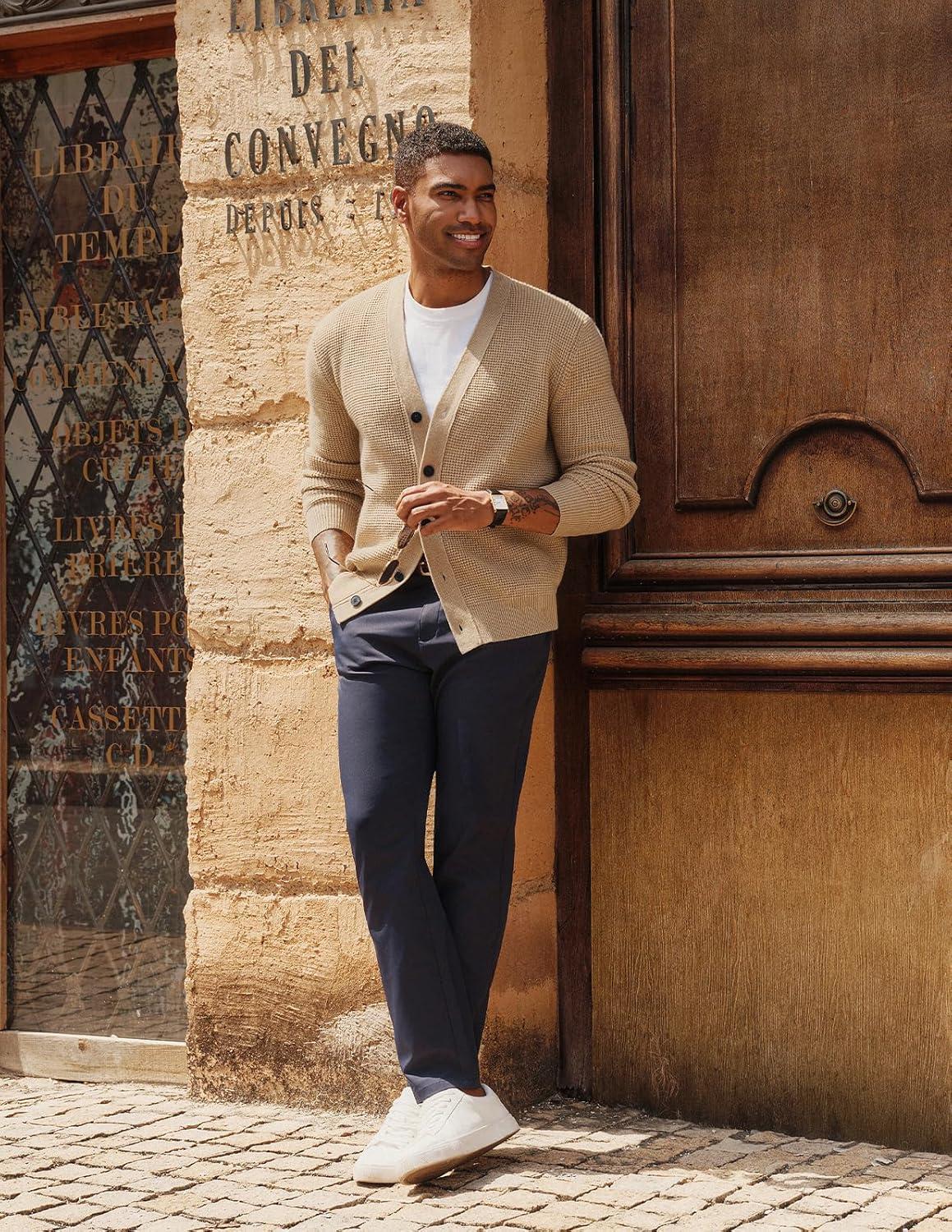 imagePJ PAUL JONES Mens Waffle Textured Cardigan Sweater Long Sleeve VNeck Knitted SweatersApricot