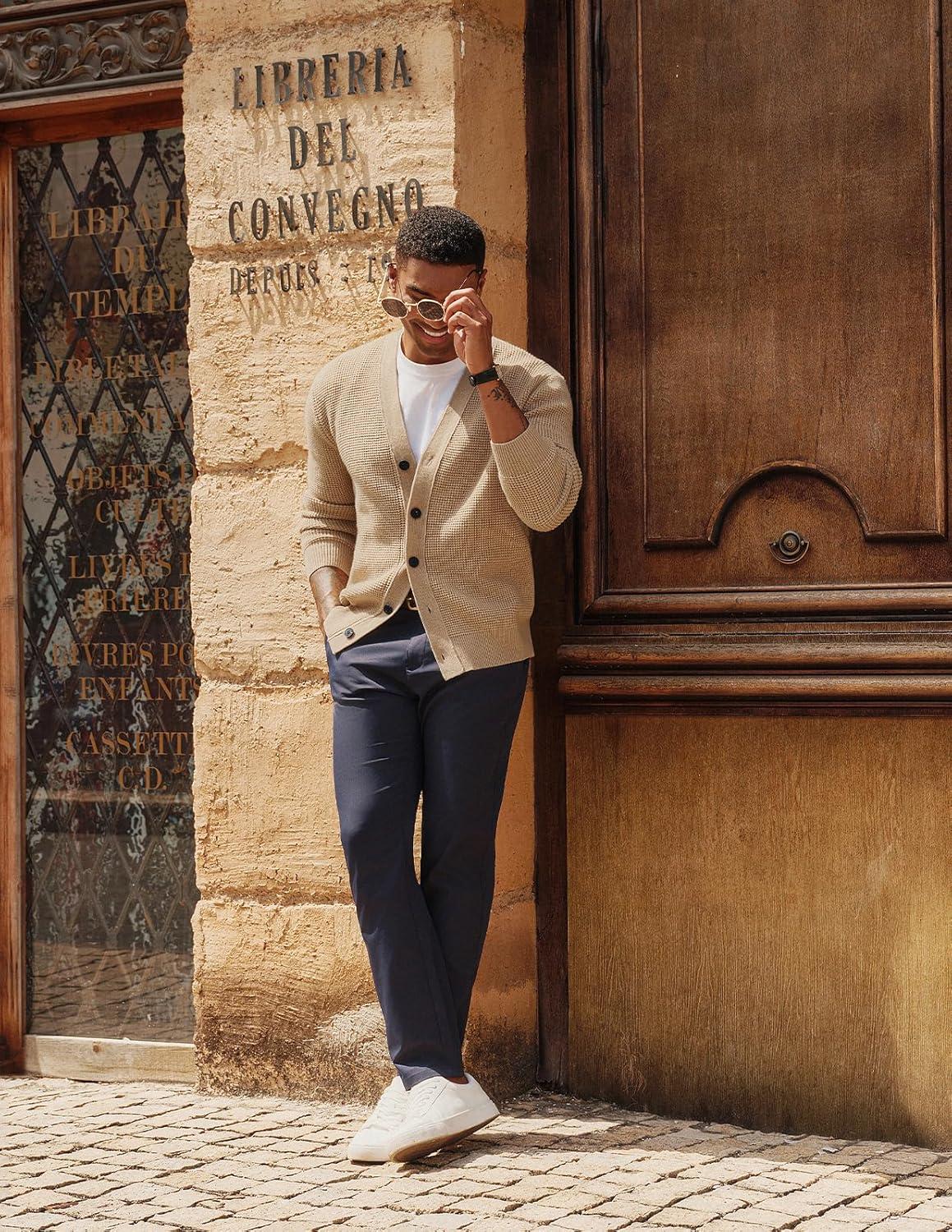 imagePJ PAUL JONES Mens Waffle Textured Cardigan Sweater Long Sleeve VNeck Knitted SweatersApricot