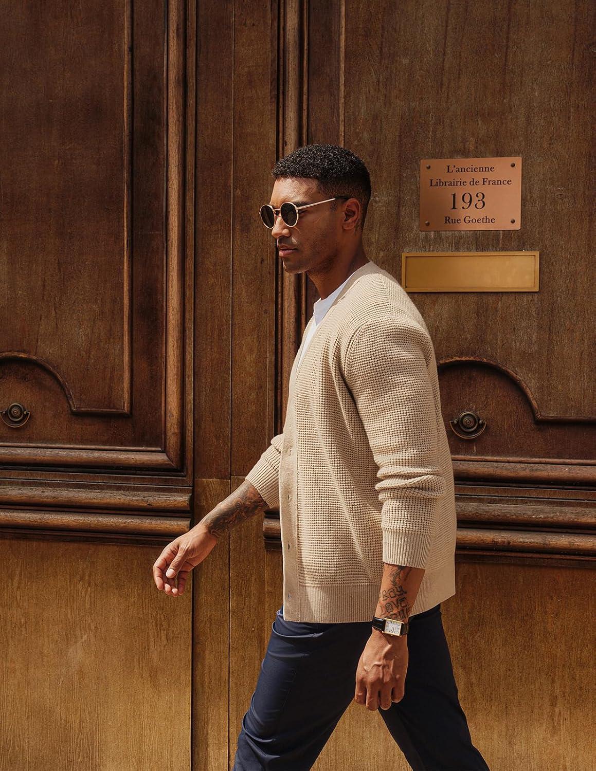 imagePJ PAUL JONES Mens Waffle Textured Cardigan Sweater Long Sleeve VNeck Knitted SweatersApricot