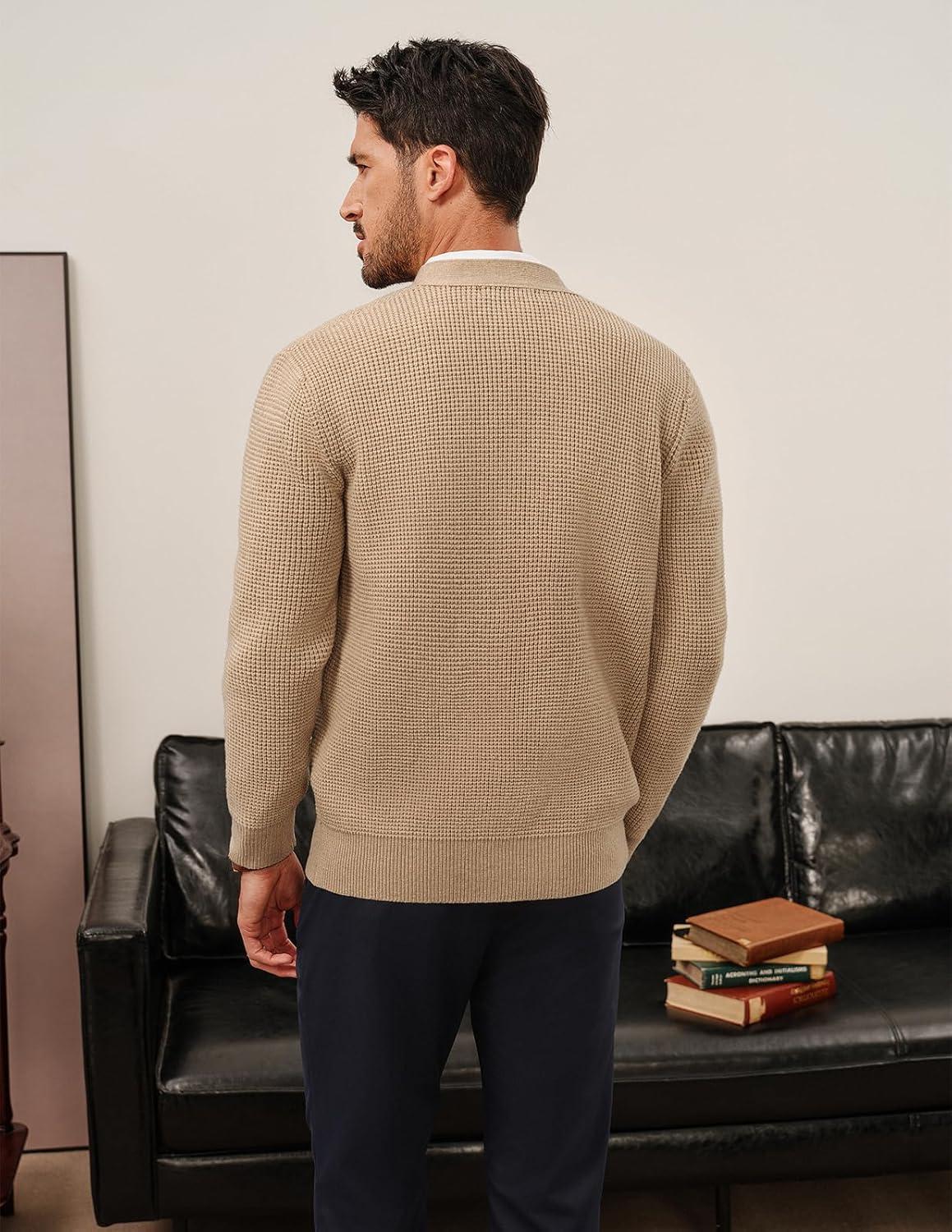 imagePJ PAUL JONES Mens Waffle Textured Cardigan Sweater Long Sleeve VNeck Knitted SweatersApricot