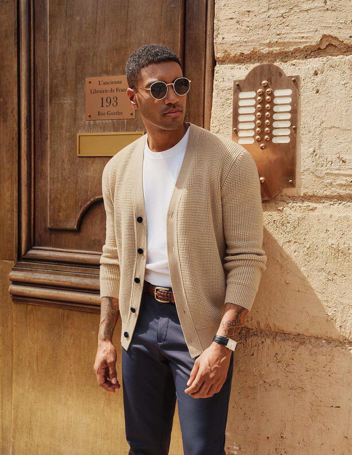 imagePJ PAUL JONES Mens Waffle Textured Cardigan Sweater Long Sleeve VNeck Knitted SweatersApricot