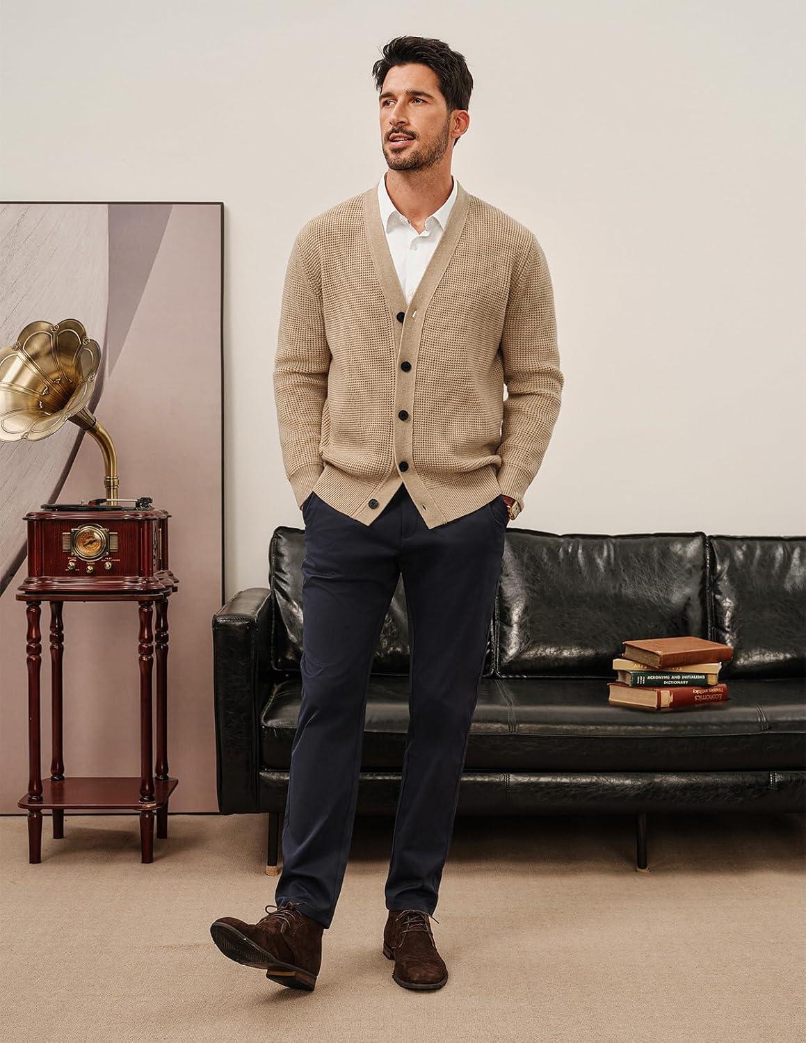 imagePJ PAUL JONES Mens Waffle Textured Cardigan Sweater Long Sleeve VNeck Knitted SweatersApricot